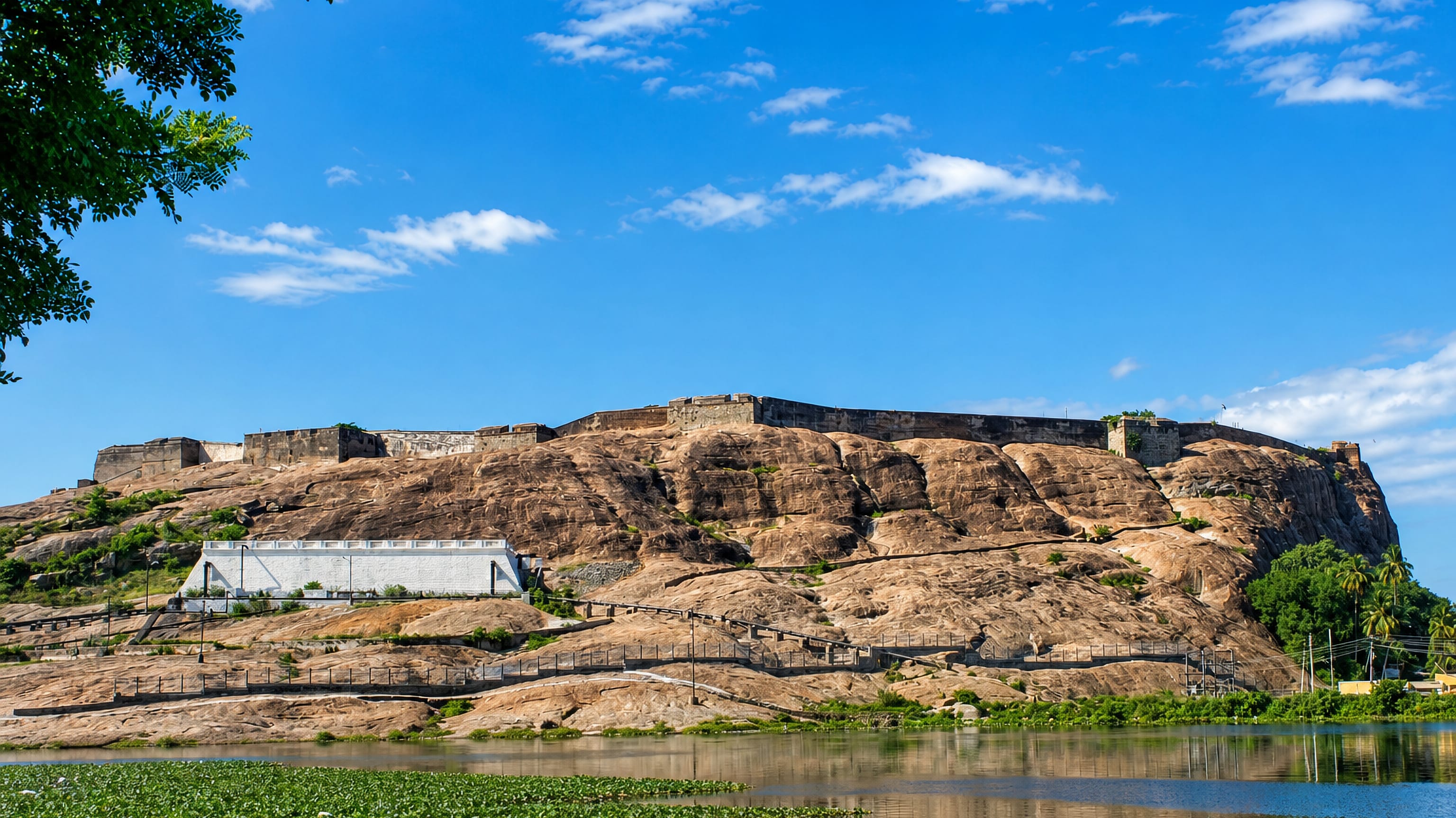 Dindigul's granite Rock Fort rising above a lily-covered tank in Tamil Nadu