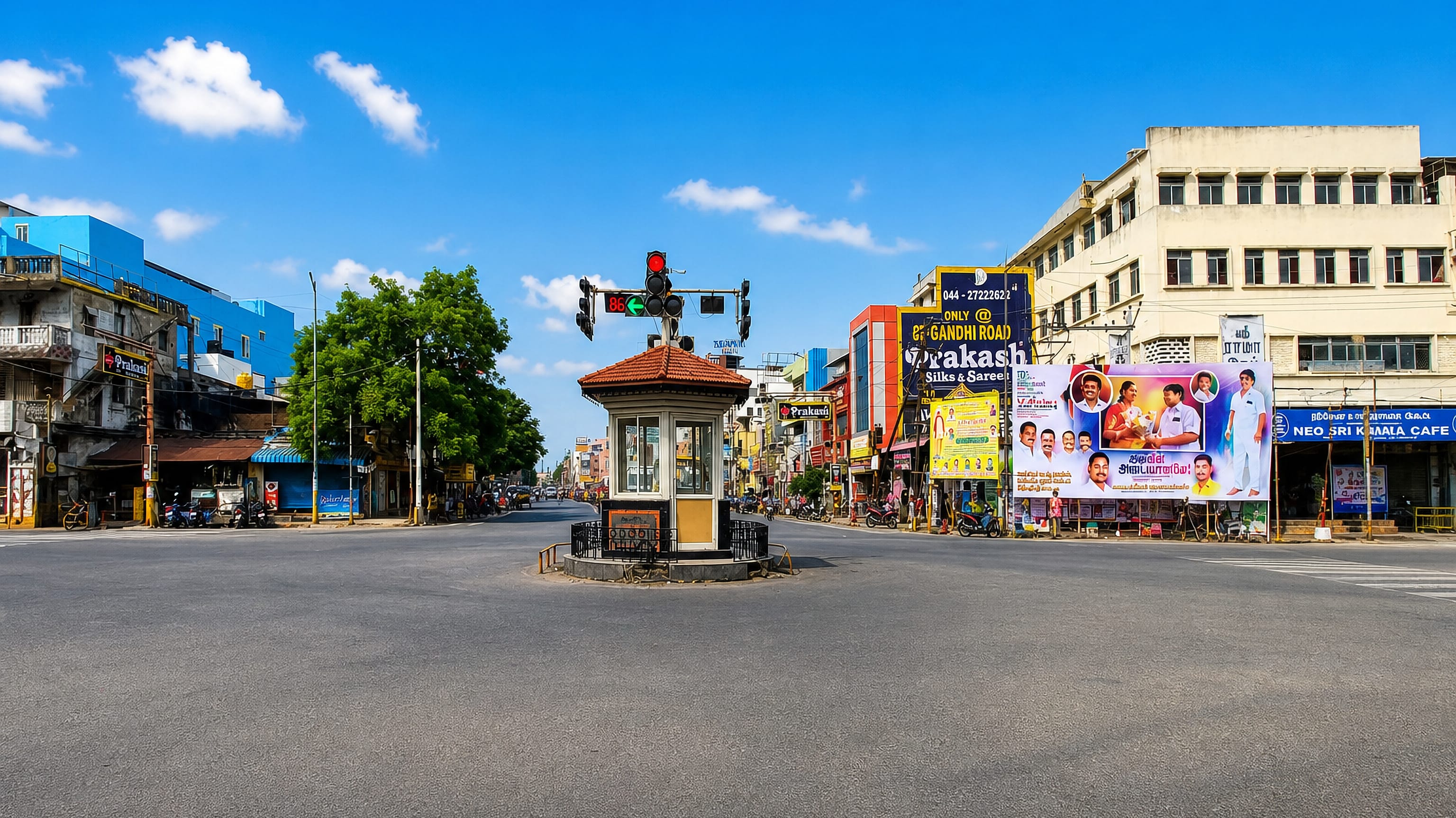 Sunlit intersection in Kanchipuram with a tiled traffic kiosk, silk-saree shops and Tamil signage on Gandhi Road.