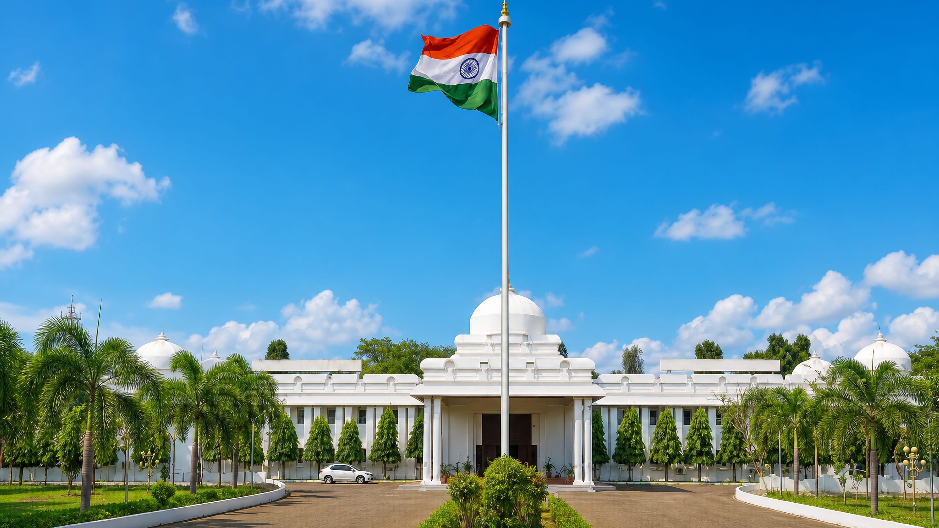 White domed institutional building with the Indian flag flying over its lawned drive in Karaikkudi, Tamil Nadu.