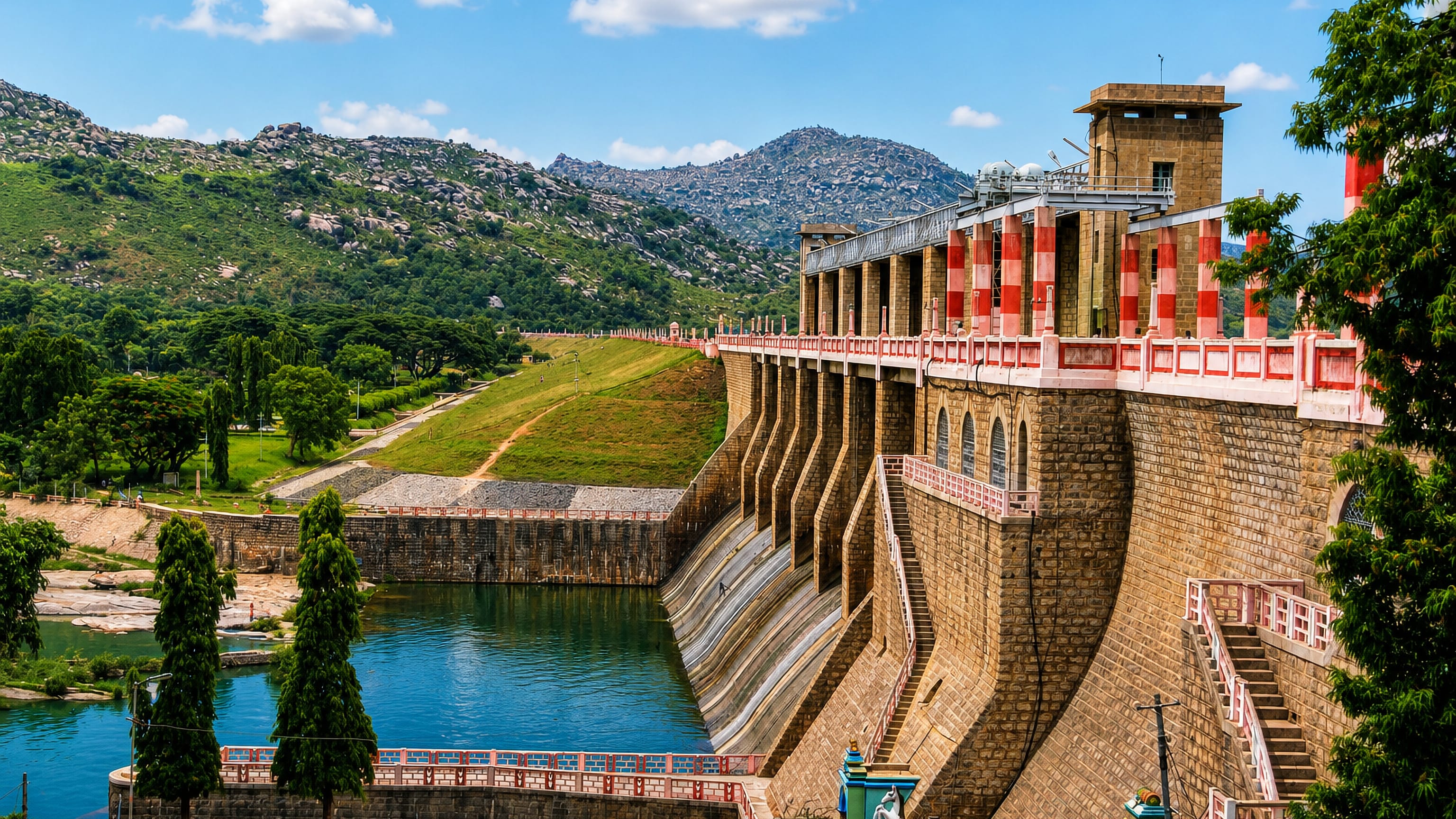 Krishnagiri Reservoir dam with red-and-white piers below rocky hills in Krishnagiri, Tamil Nadu