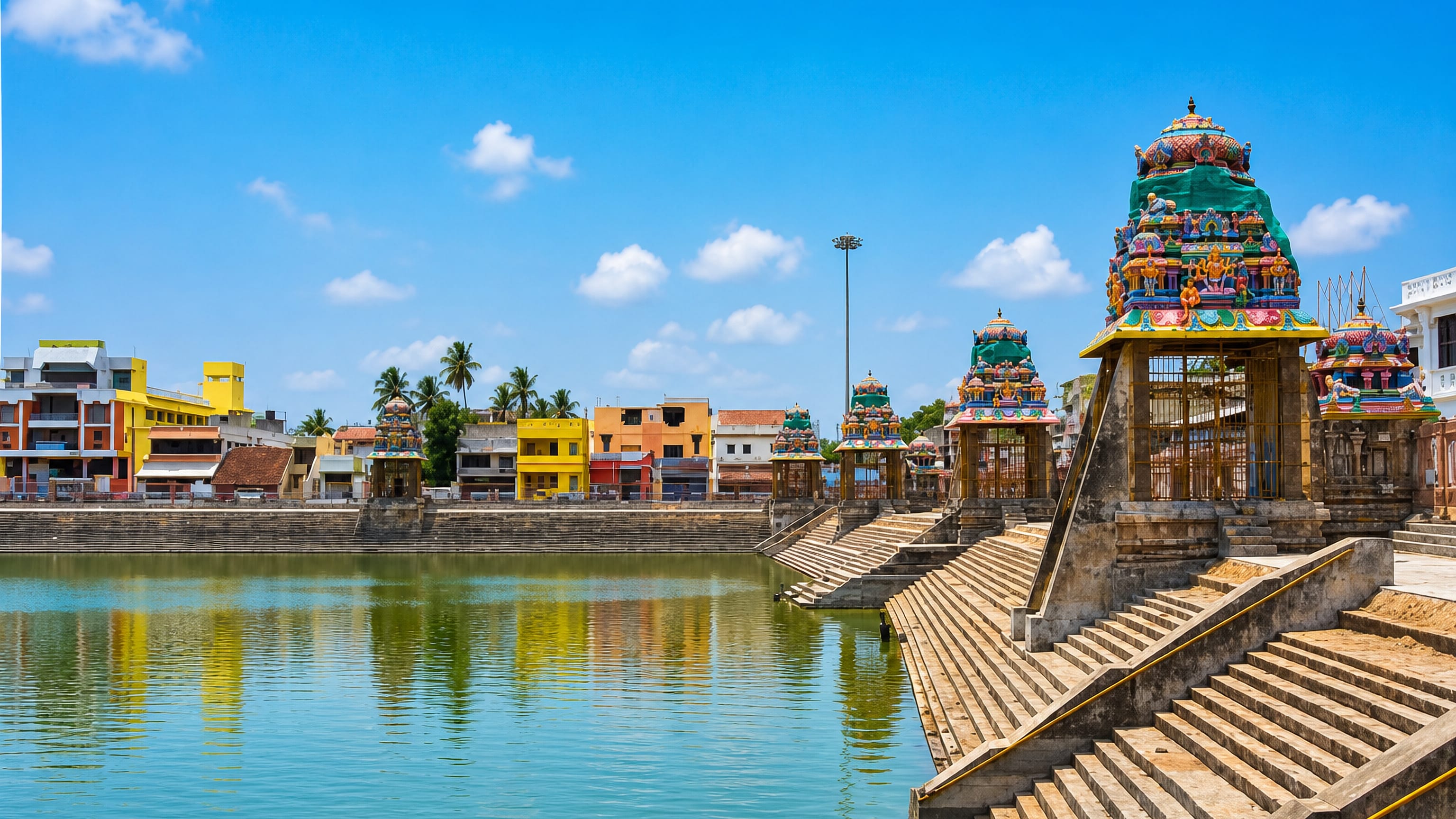 Stepped temple tank in Kumbakonam ringed by colourful gopuram shrines and pastel townhouses under a blue sky.