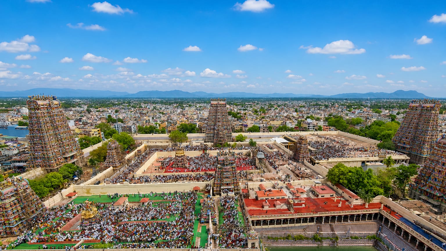 Aerial view of Madurai's Meenakshi Amman Temple, its towering gopurams and sacred tank amid the city.