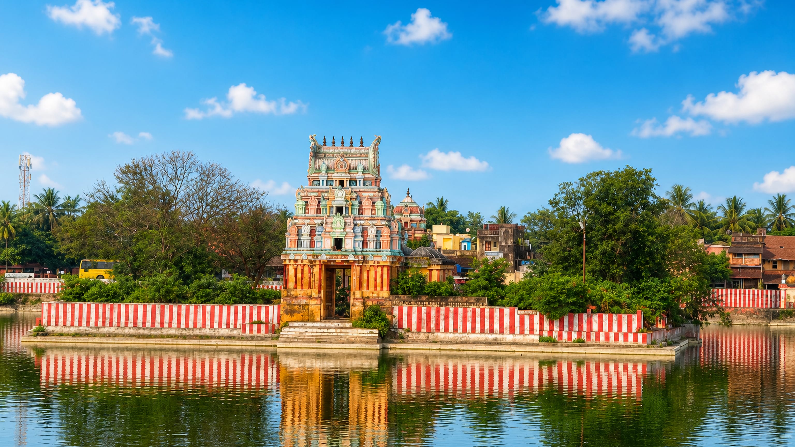 The gopuram of Mannargudi's temple reflected in its walled temple tank in Tamil Nadu, India.