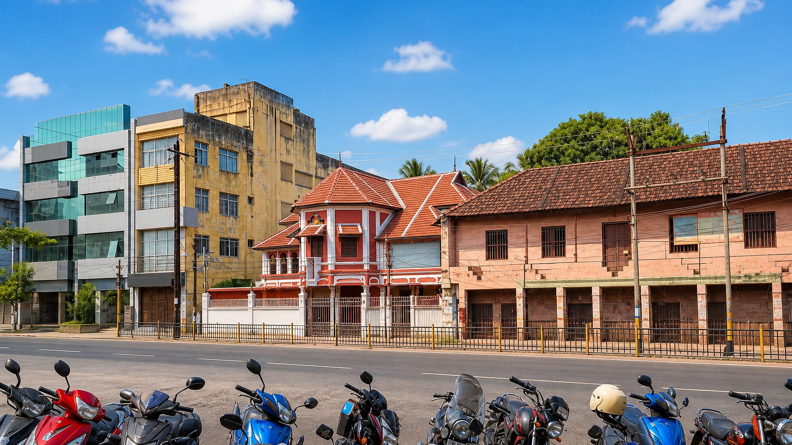 Parked motorcycles along a street of colonial-era tiled buildings and modern blocks in Nagercoil, Tamil Nadu.