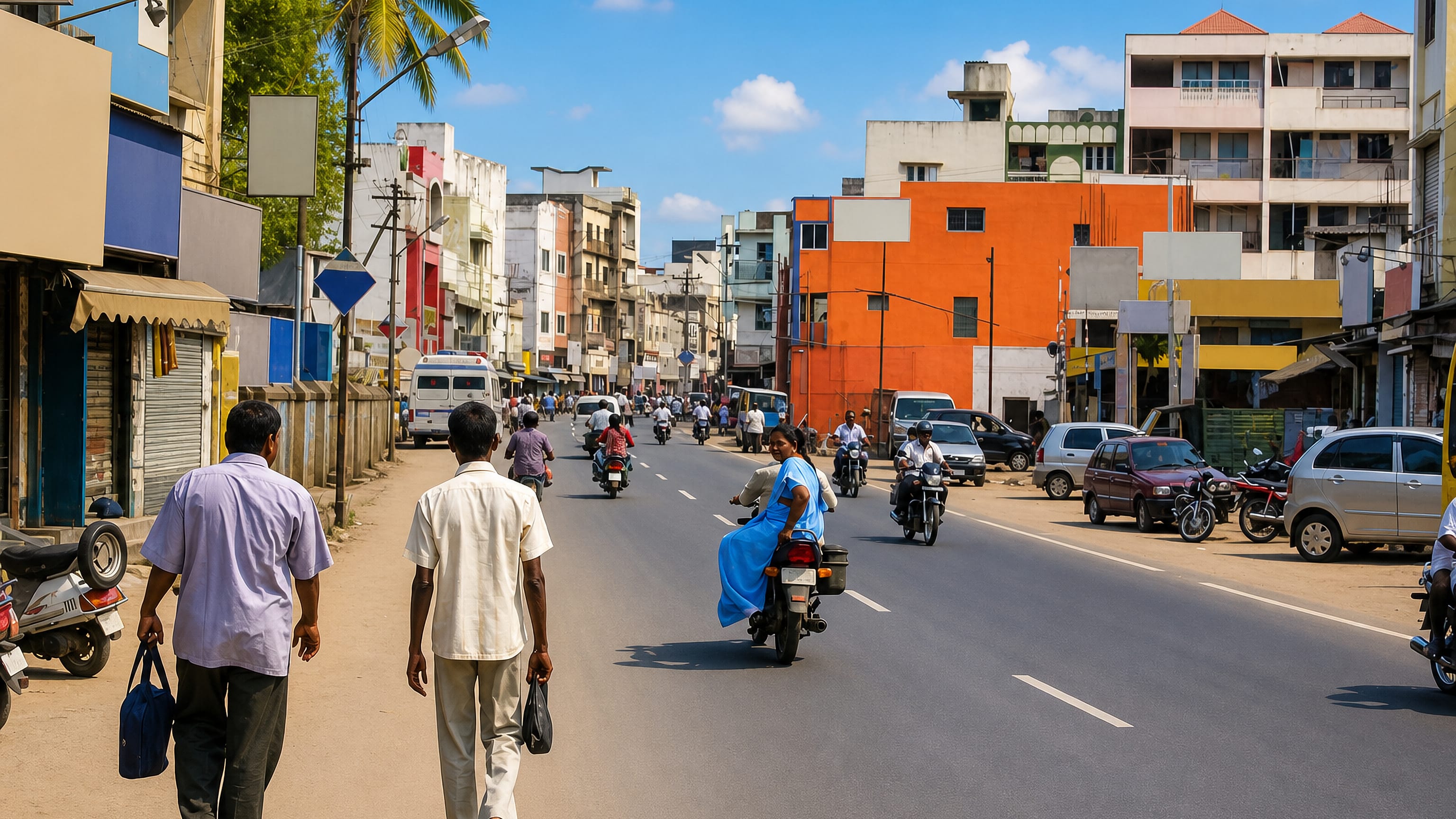 Busy main road through Namakkal, India, lined with shops and colourful buildings, motorbikes and pedestrians.