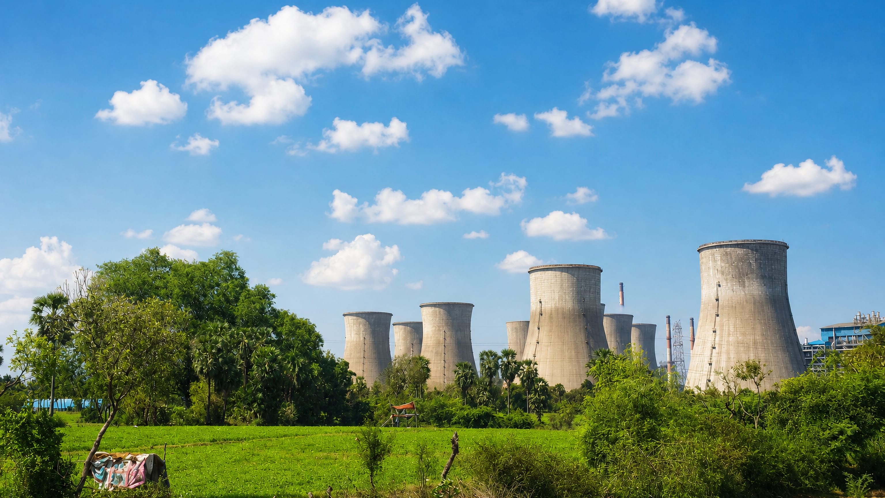 Lignite power station cooling towers rising beyond green fields at Neyveli, Tamil Nadu, India.