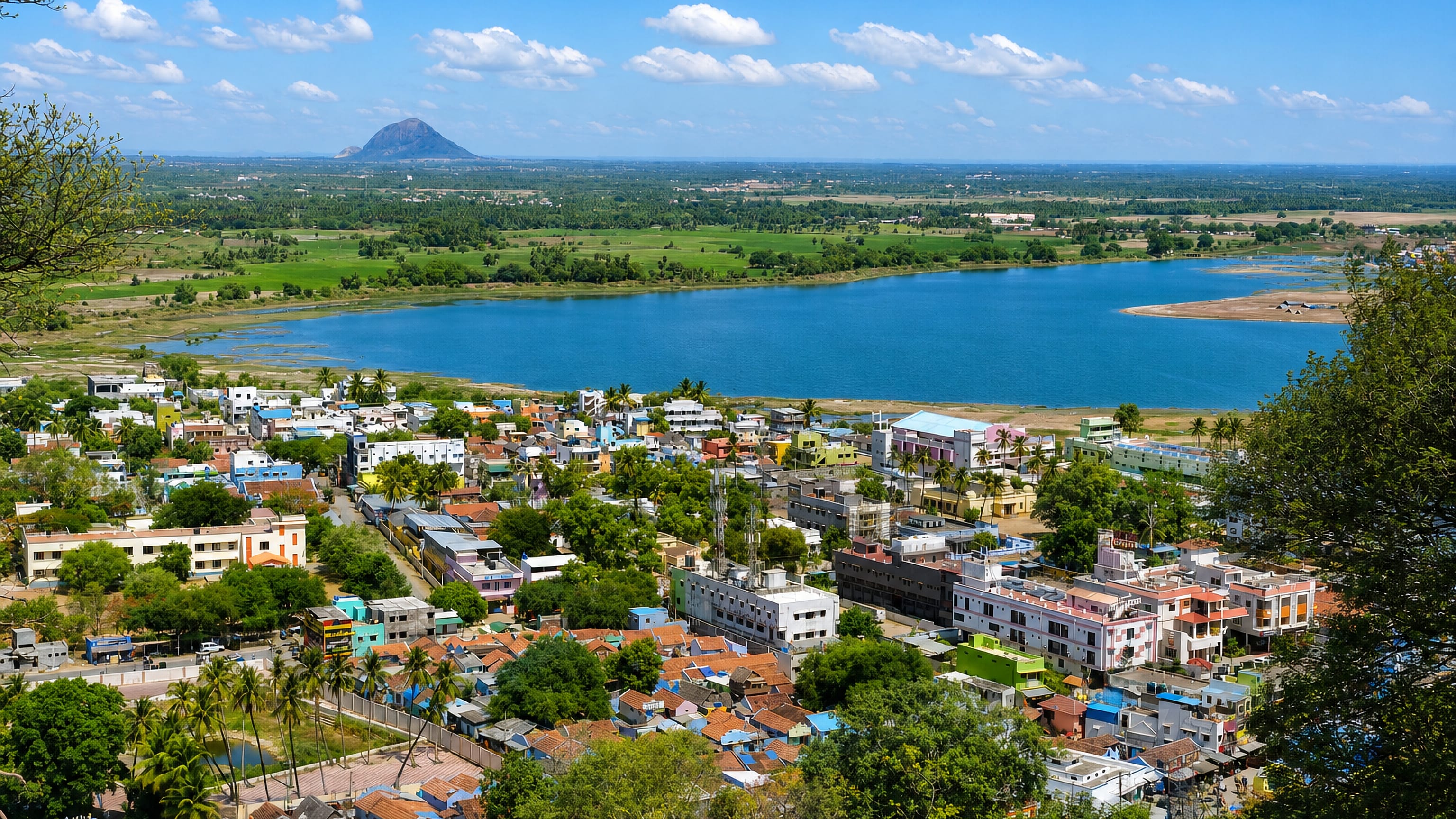 Palani's colourful low-rise town and temple gopuram seen from the hills above, with a reservoir and plains beyond