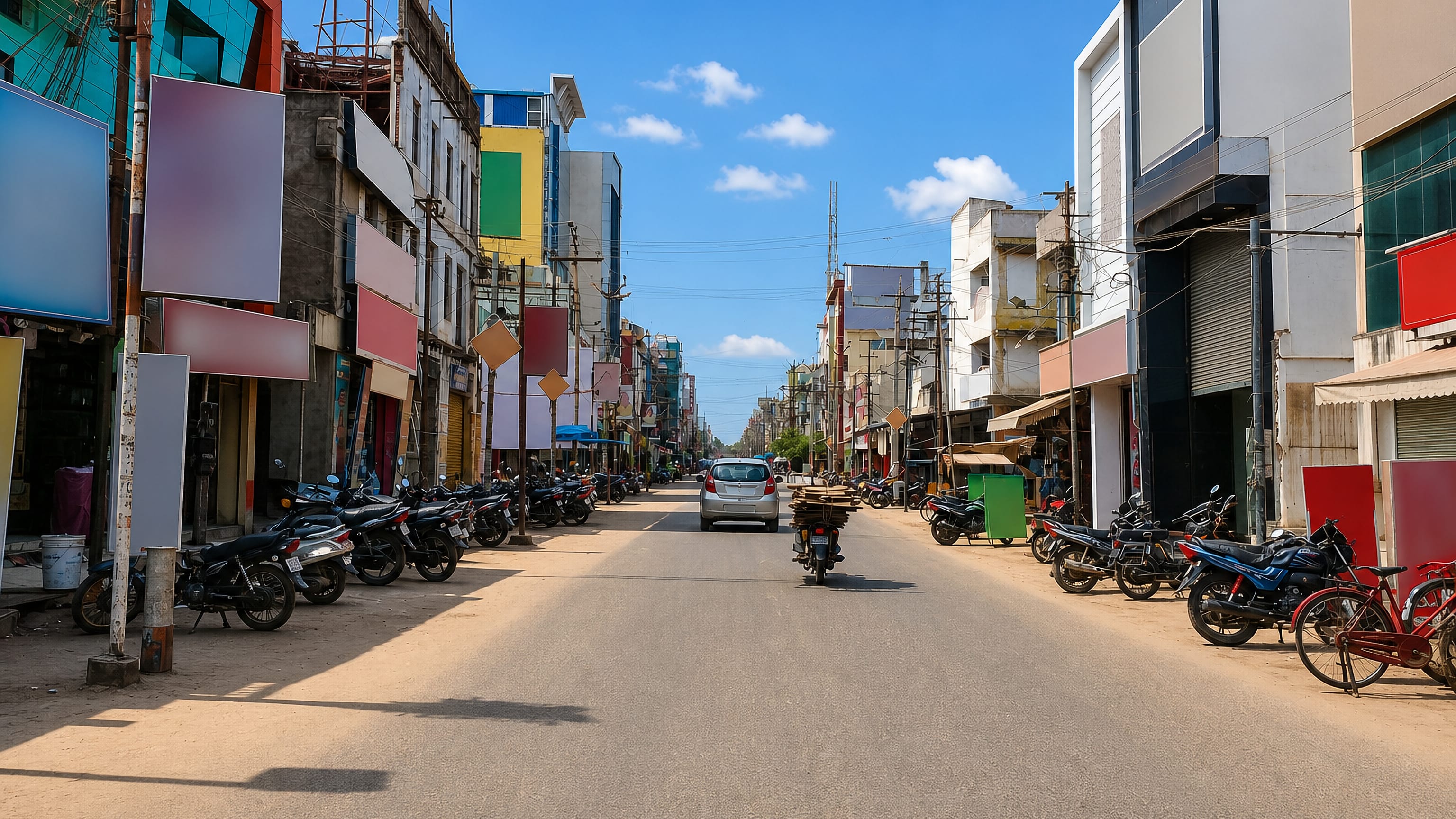 A shop-lined main street in Pudukkottai, Tamil Nadu, with parked motorcycles and midday sun.