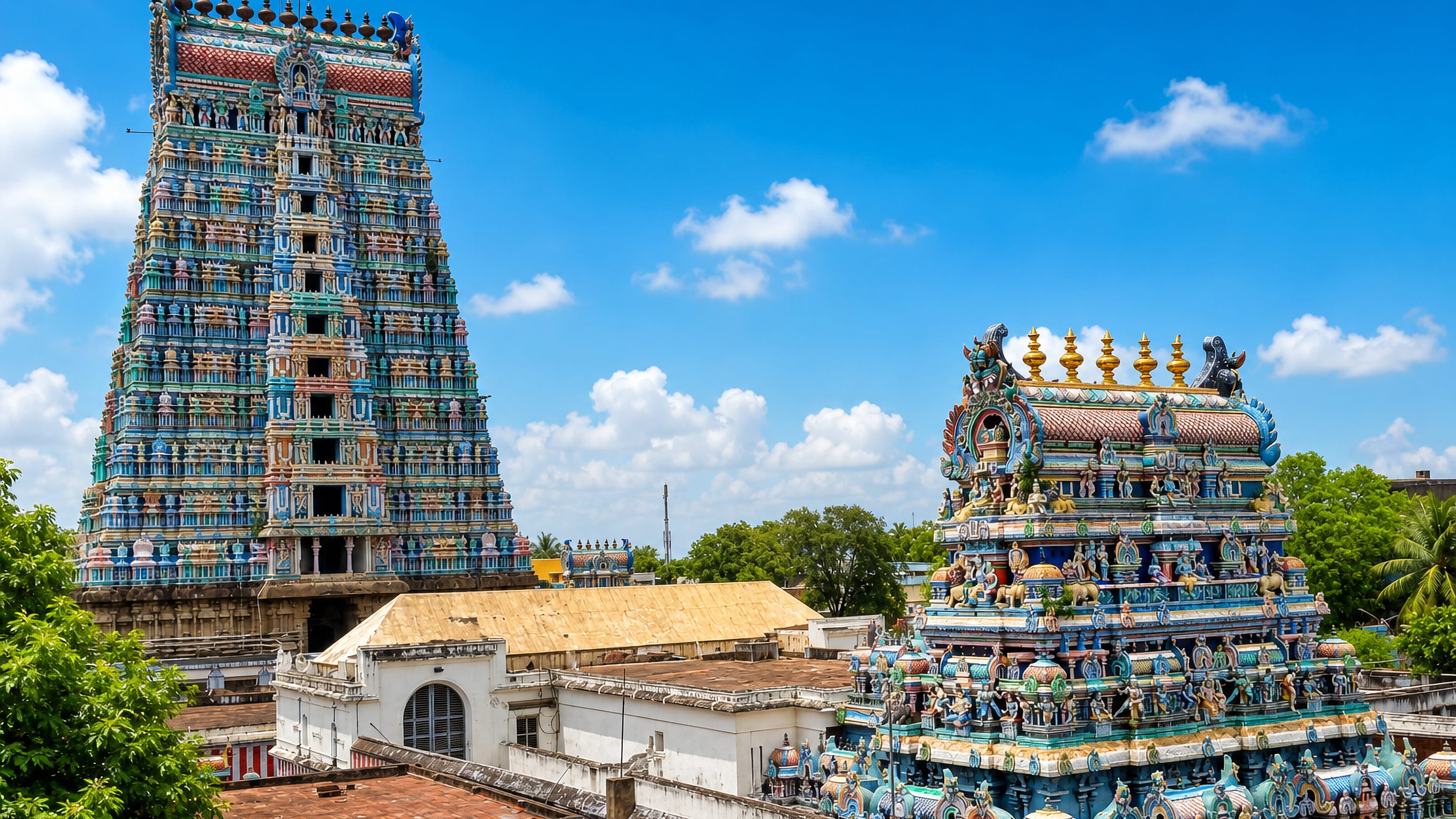 Towering painted gopuram of the Andal temple rising over rooftops in Srivilliputhur, Tamil Nadu.