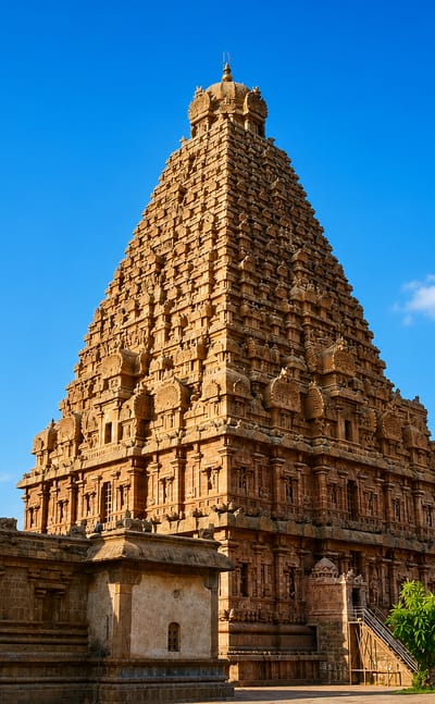 The Brihadeeswarar Temple towering over Thanjavur under a clear blue sky