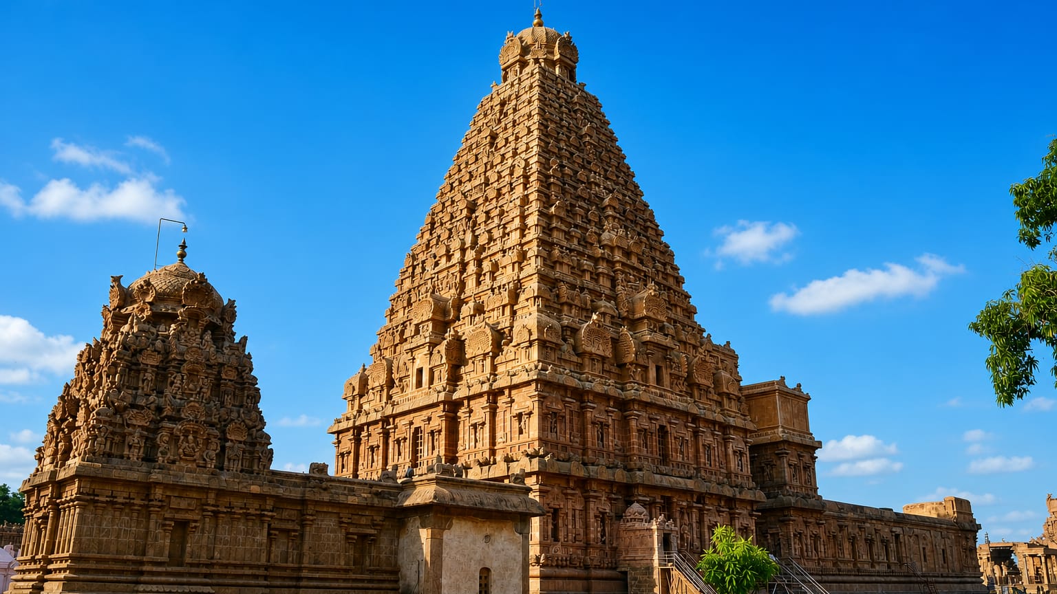 The Brihadeeswarar Temple towering over Thanjavur under a clear blue sky