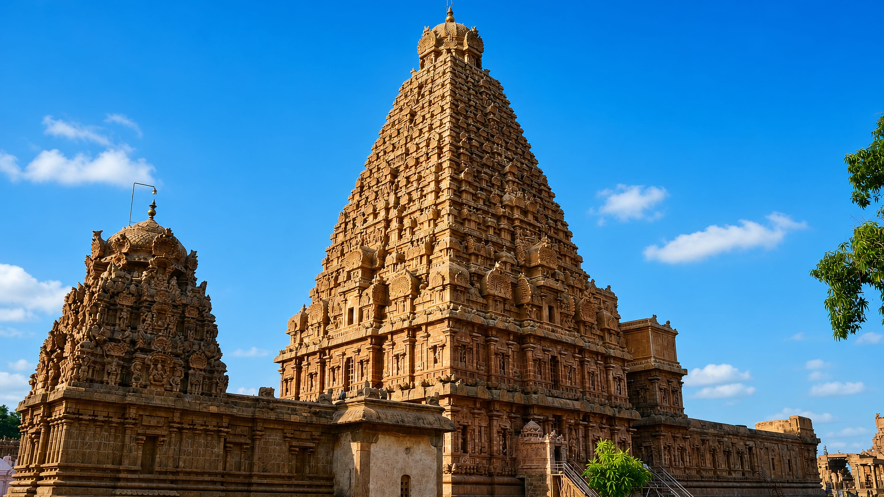 The Brihadeeswarar Temple towering over Thanjavur under a clear blue sky