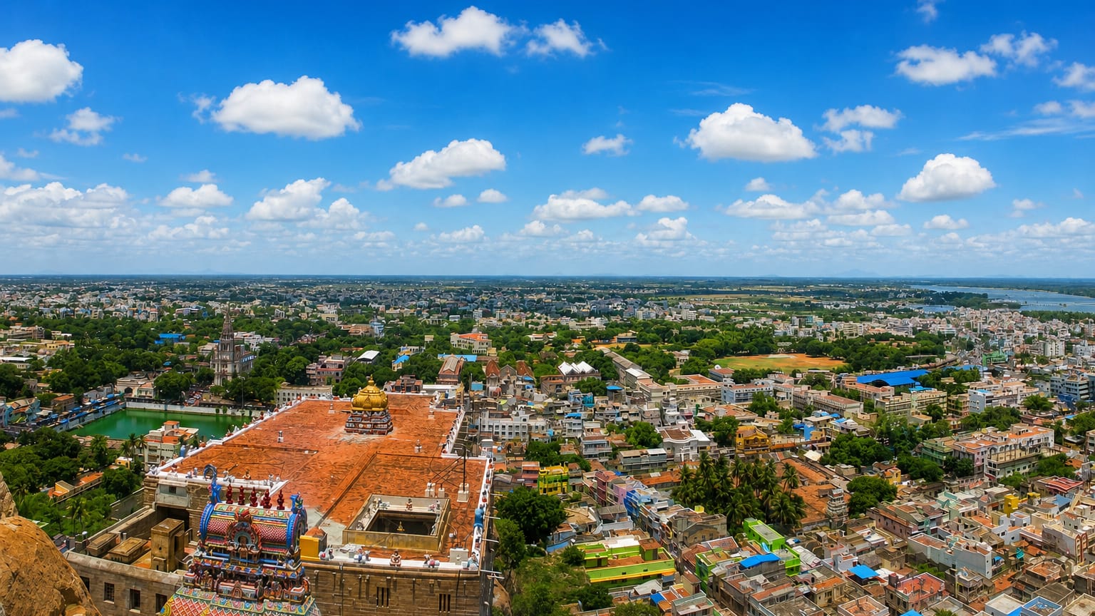 Aerial view of Tiruchirappalli from the Rockfort temple over the sprawling city
