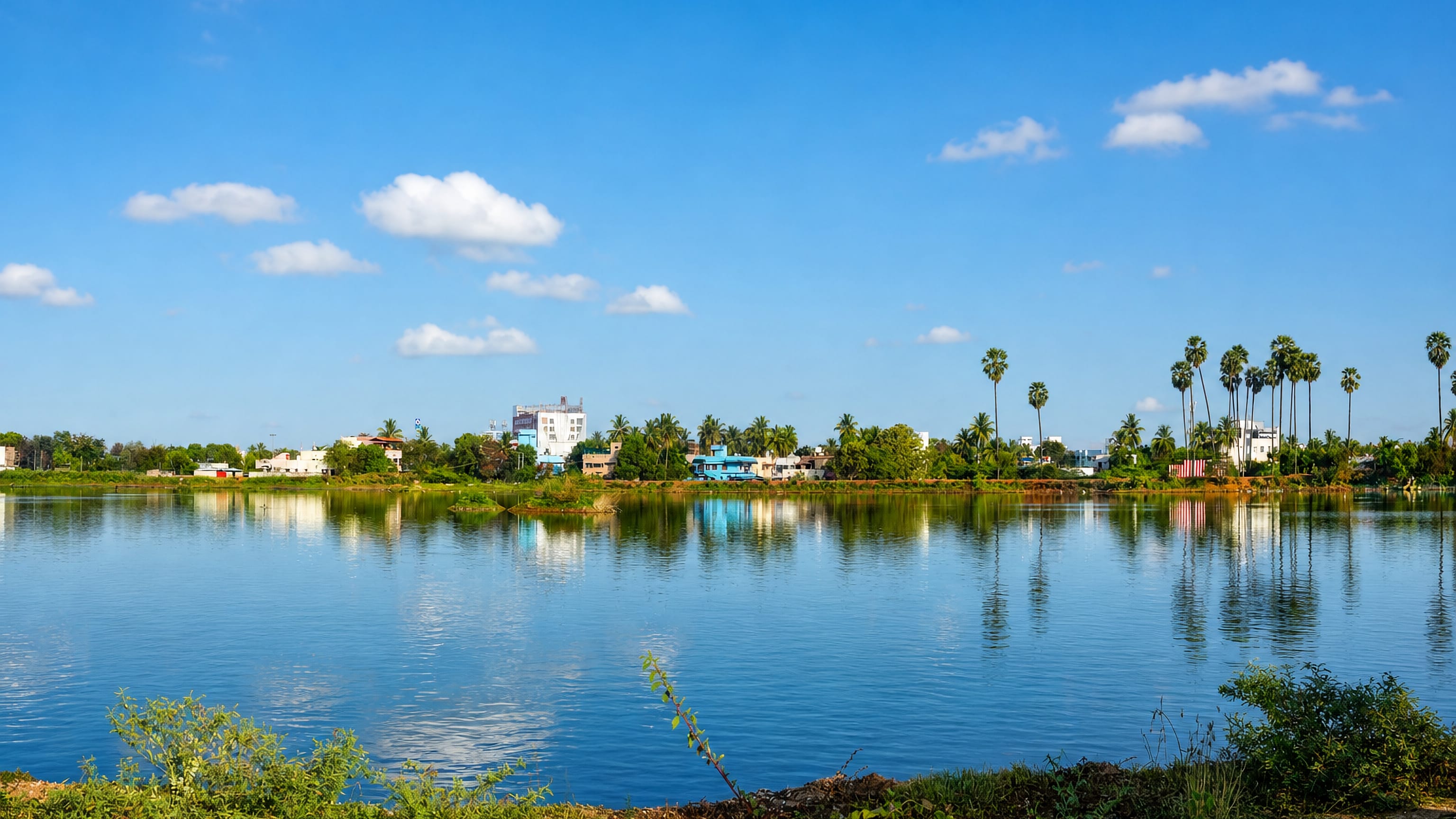 Tirunelveli's low skyline of palmyra palms and painted houses reflected across a broad temple tank under blue sky.