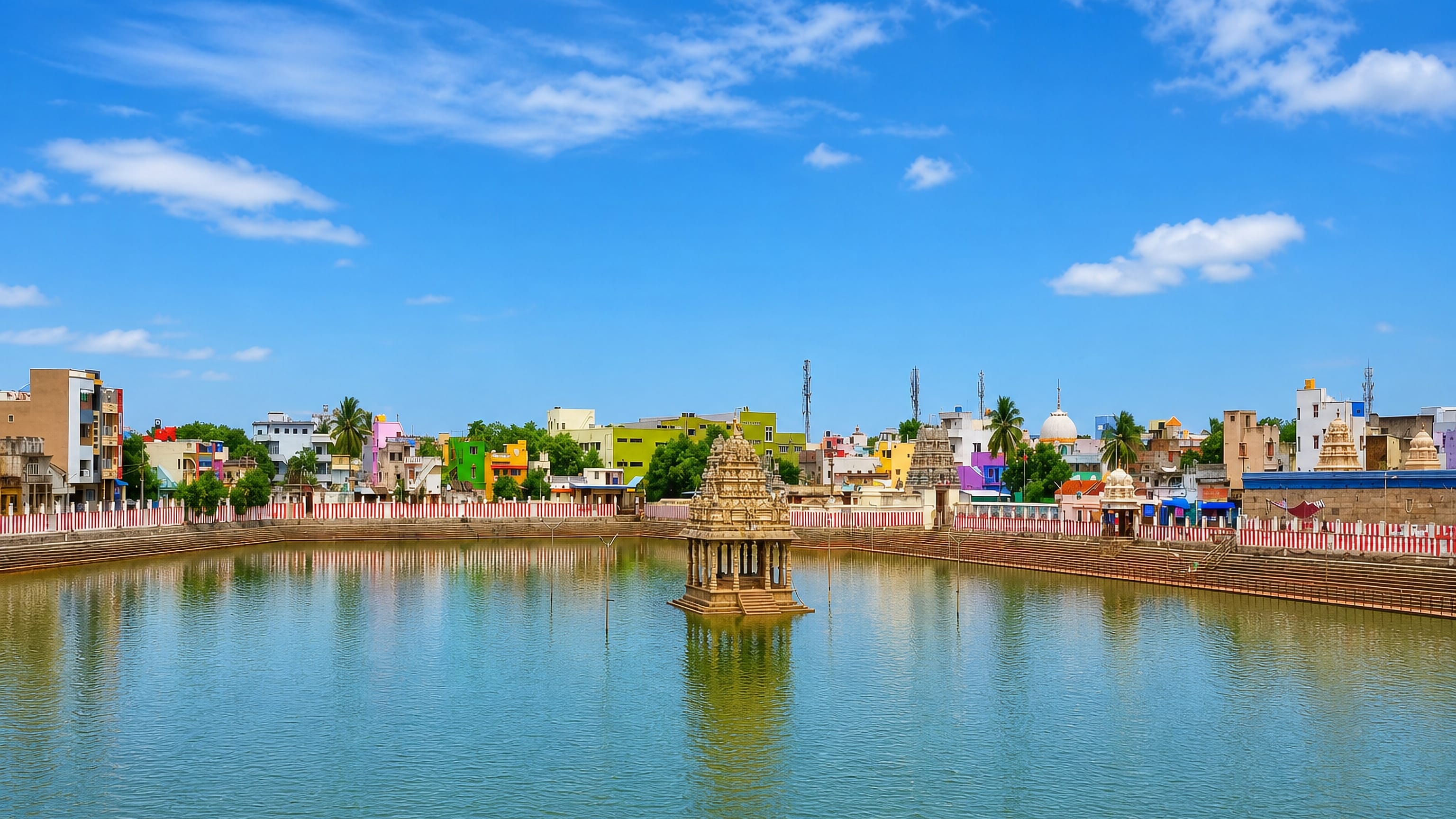 Temple tank with a stone mandapam mirroring the colourful skyline and gopurams of Tiruvallur, Tamil Nadu.