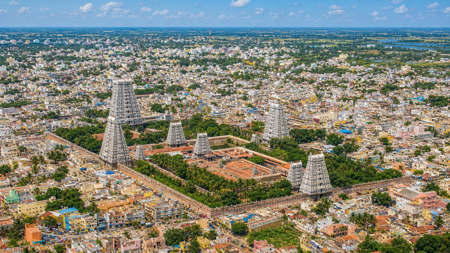 Aerial view of Tiruvannamalai with the Annamalaiyar Temple gopurams amid the town