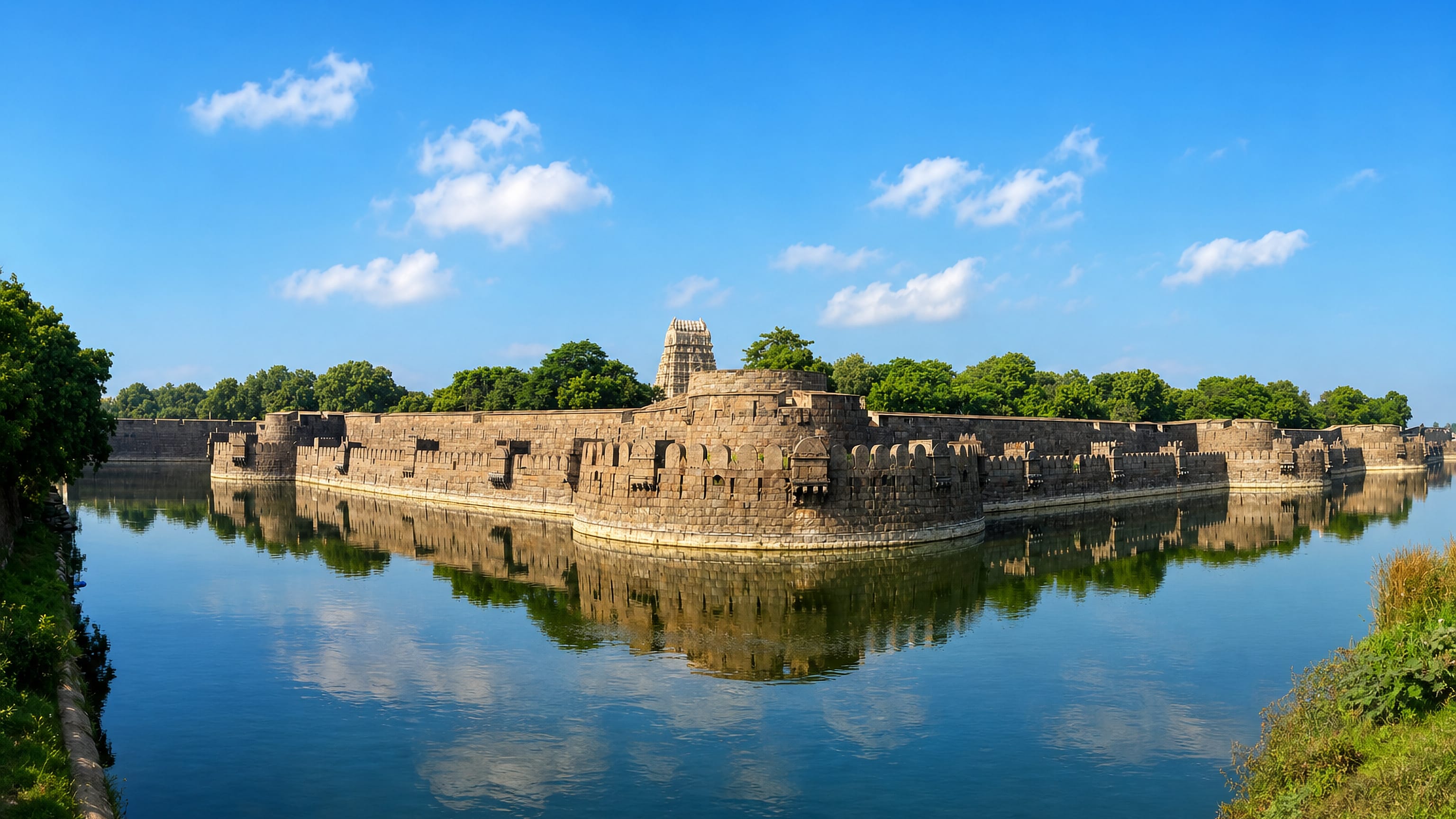 Vellore Fort's granite ramparts and temple gopuram reflected in the wide moat surrounding it.
