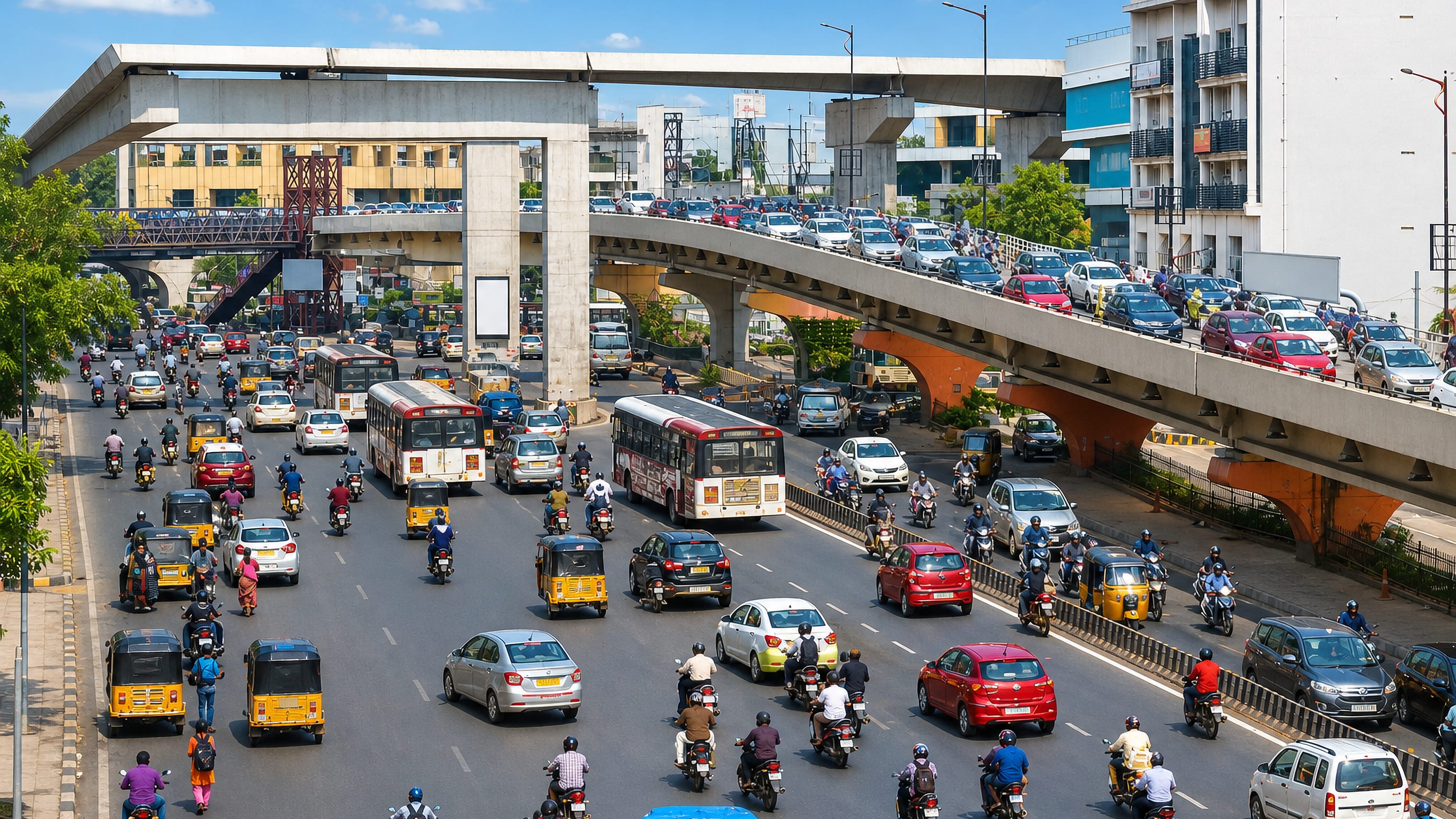 Autorickshaws, buses and motorbikes crowd the road beneath the flyover in Begumpet, Hyderabad.