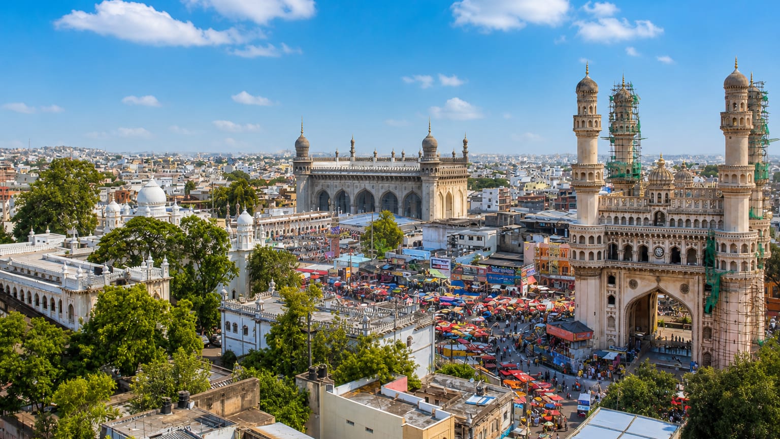 The Charminar and Mecca Masjid amid the bustling bazaars of Hyderabad's Old City