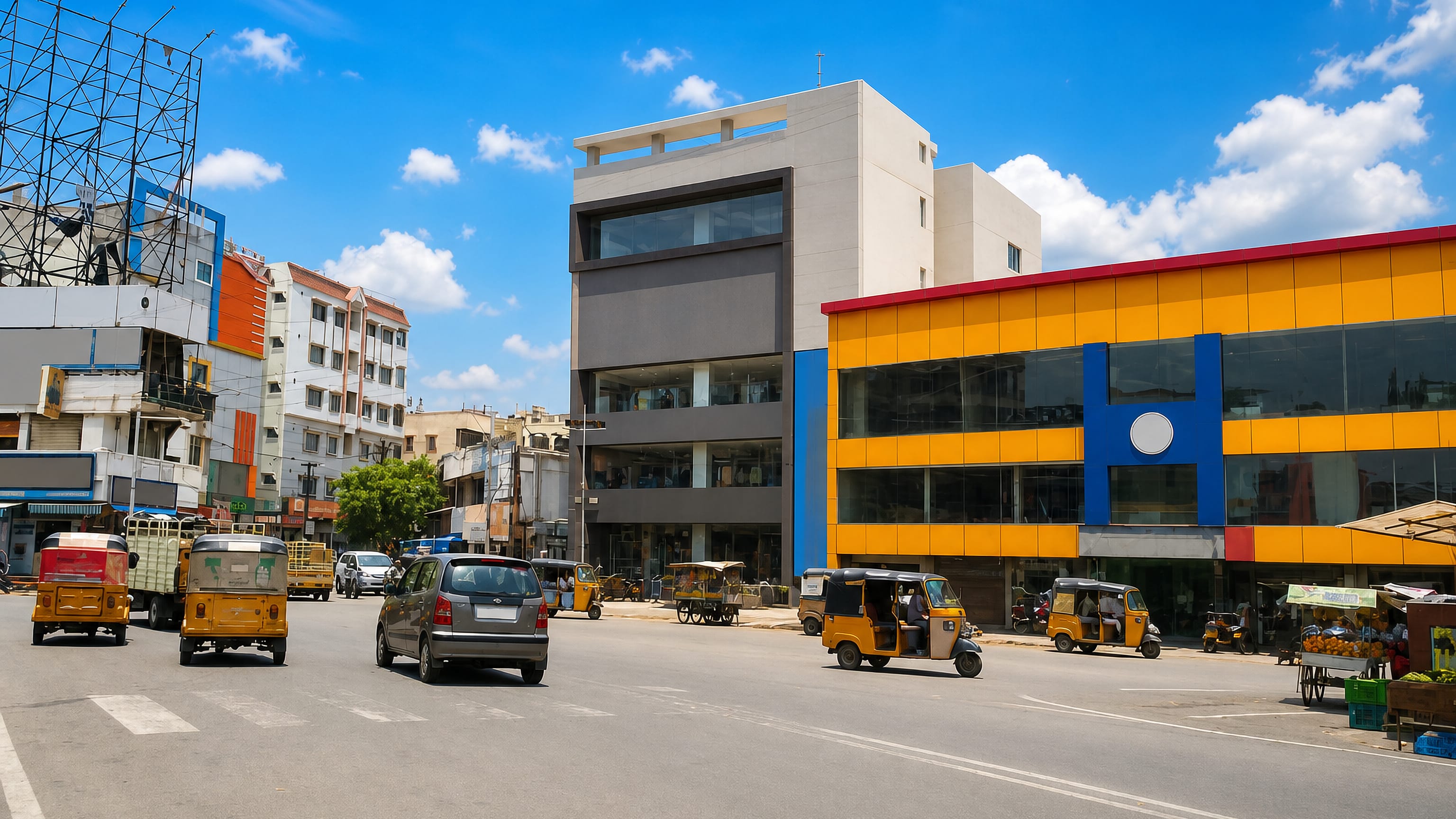 A busy street in Malkajgiri, Hyderabad, with auto-rickshaws passing colourful low-rise shop buildings.