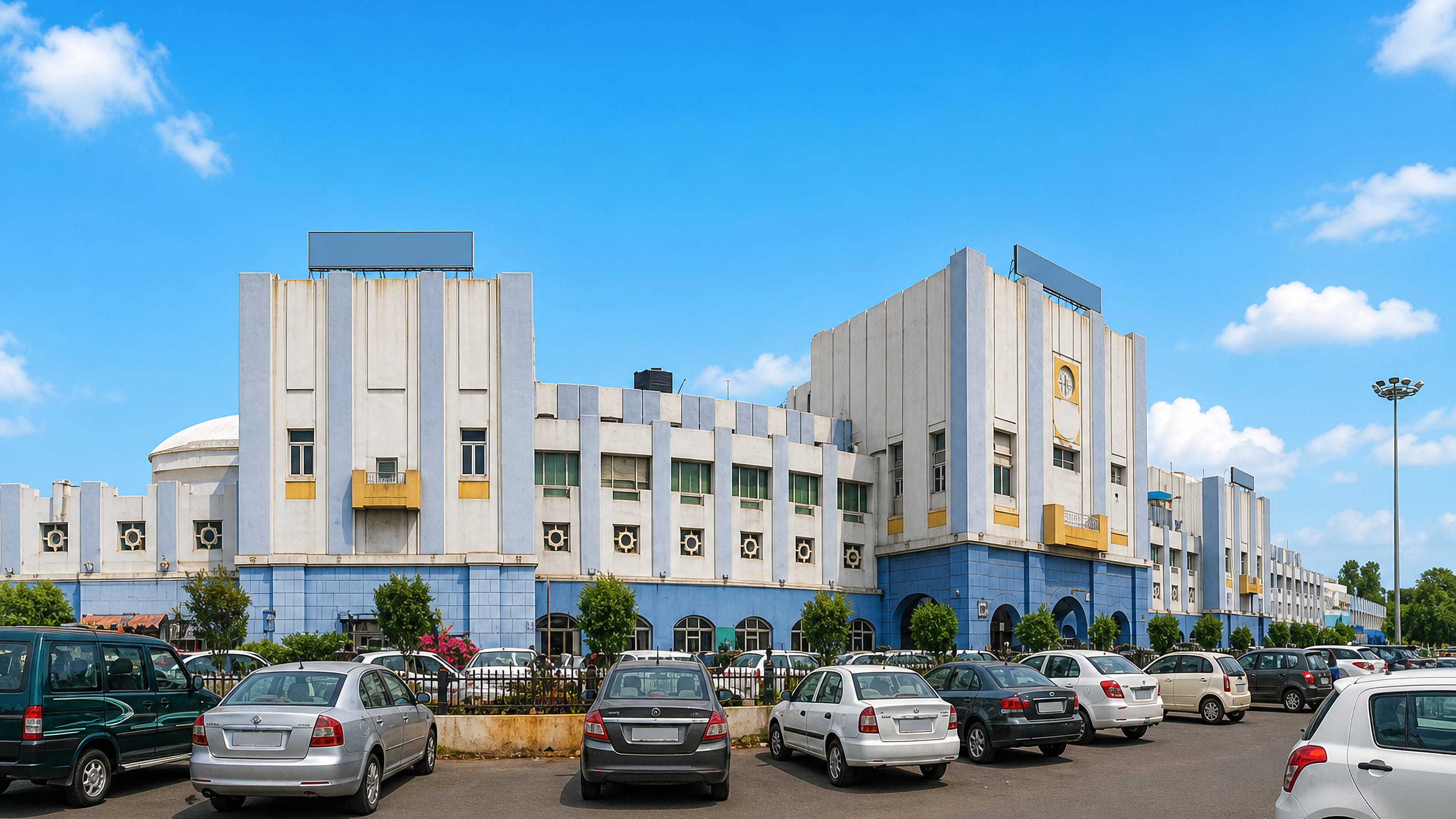 Secunderabad's white-and-blue art deco railway station facade rising above a busy forecourt car park.