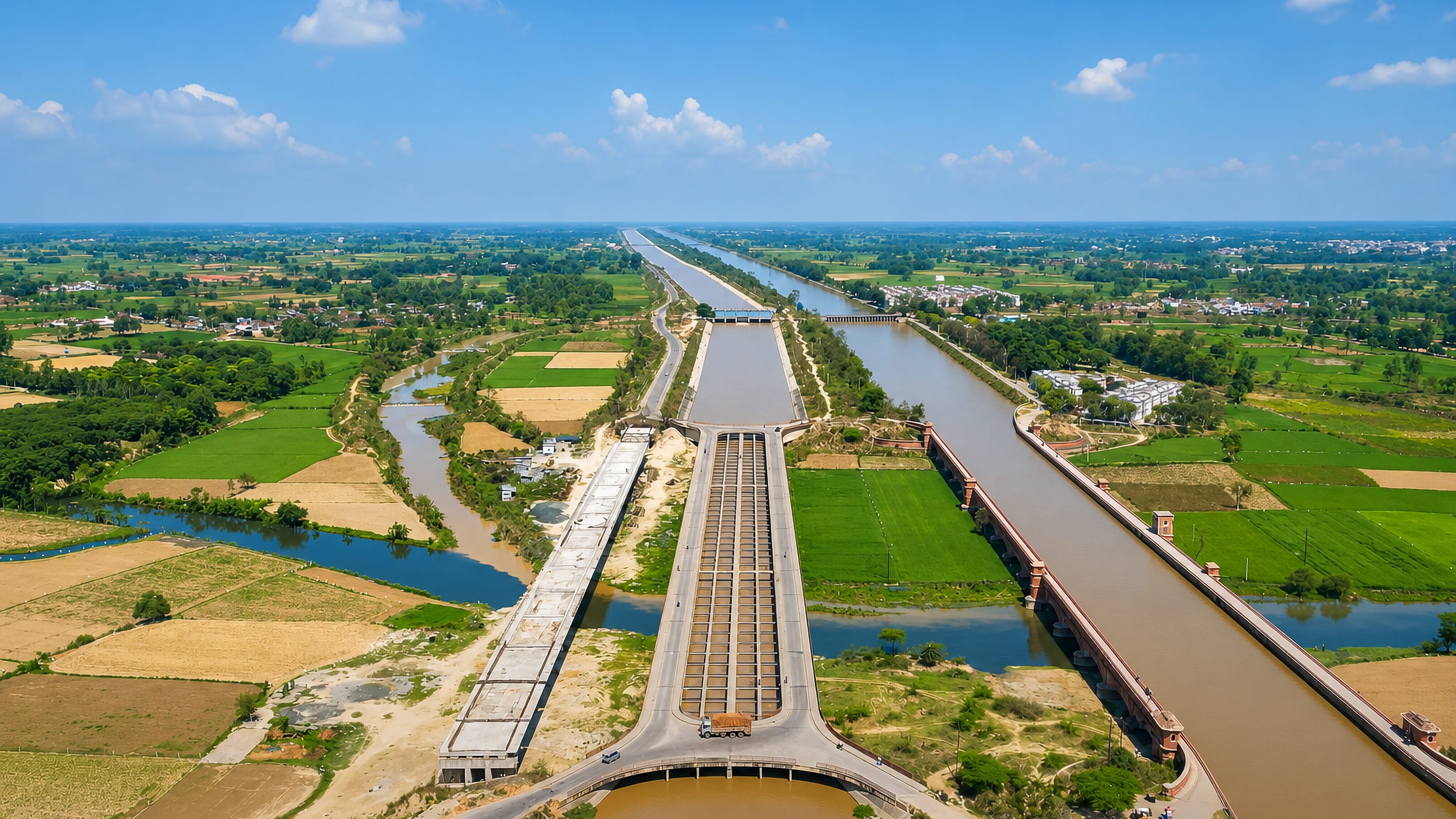 Aerial view of the Upper Ganges Canal and its masonry aqueduct crossing farmland at Roorkee, Uttarakhand.