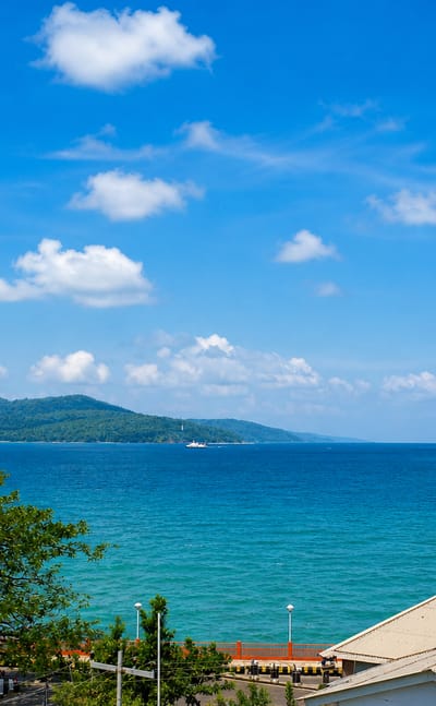 Sea view from Port Blair over island-dotted turquoise waters in the Andaman Islands
