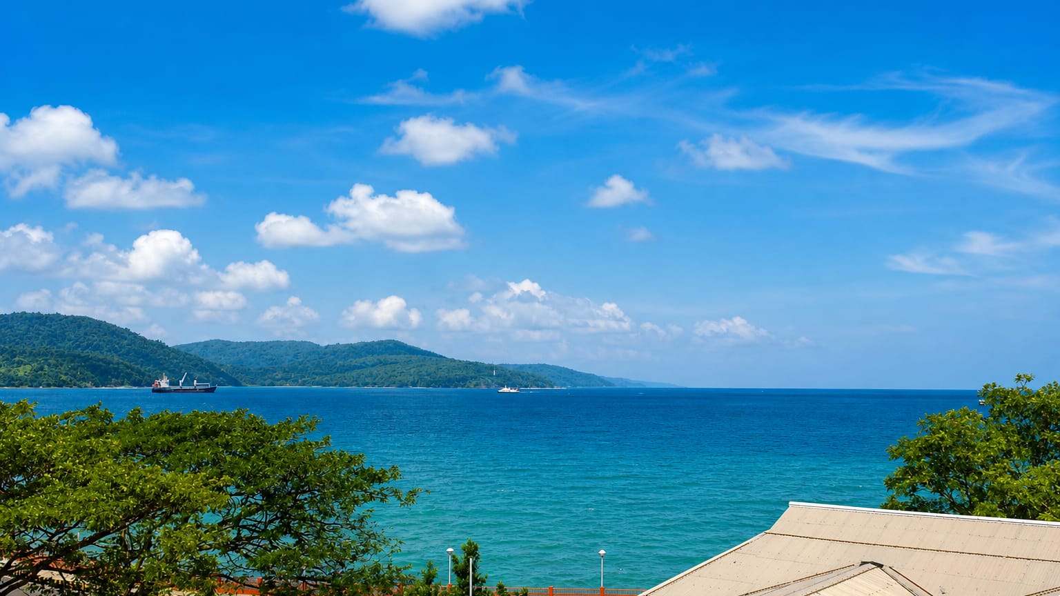 Sea view from Port Blair over island-dotted turquoise waters in the Andaman Islands