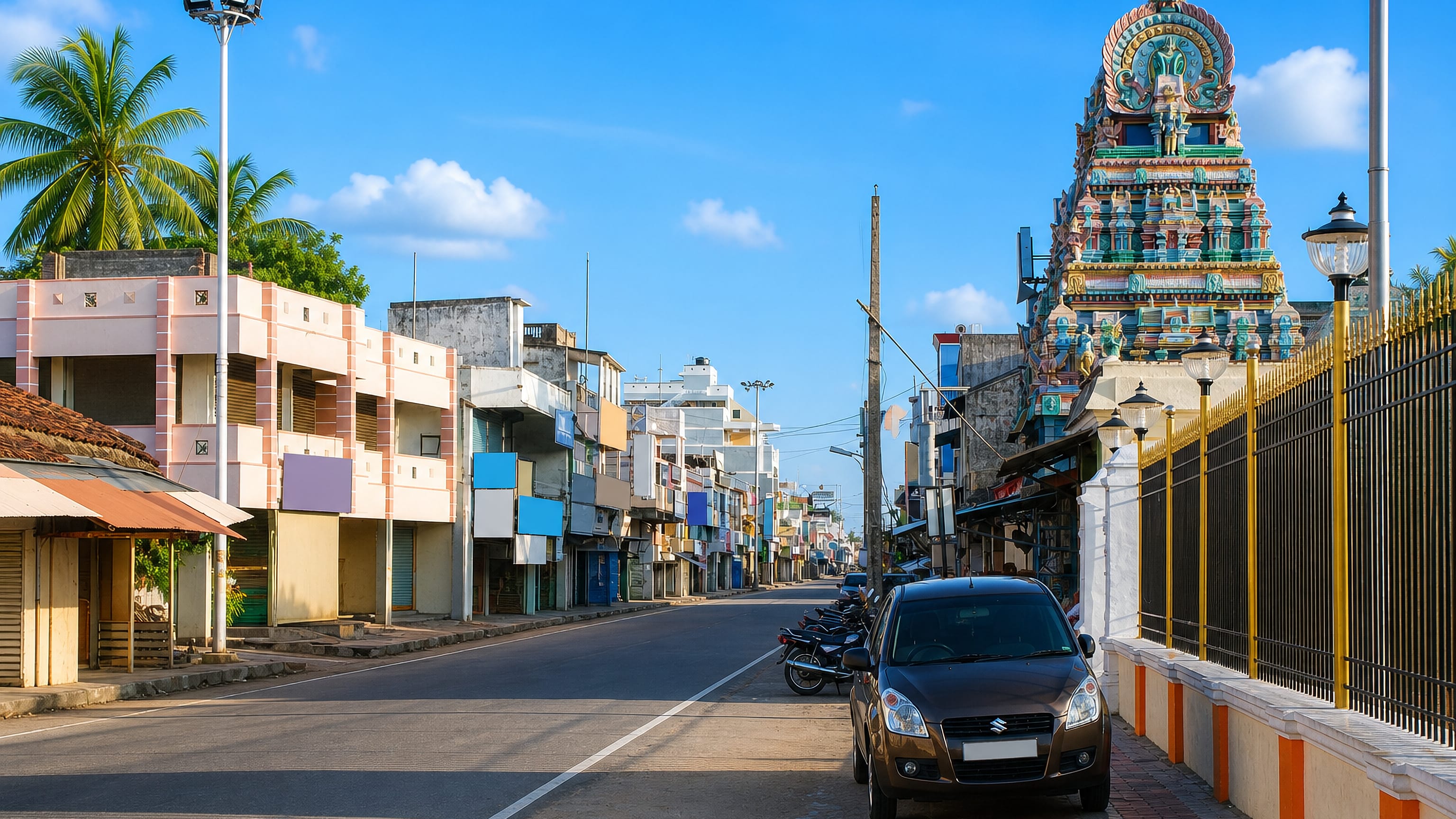 Shop-lined street running past a colourful temple gopuram in Karaikal, Puducherry, India.