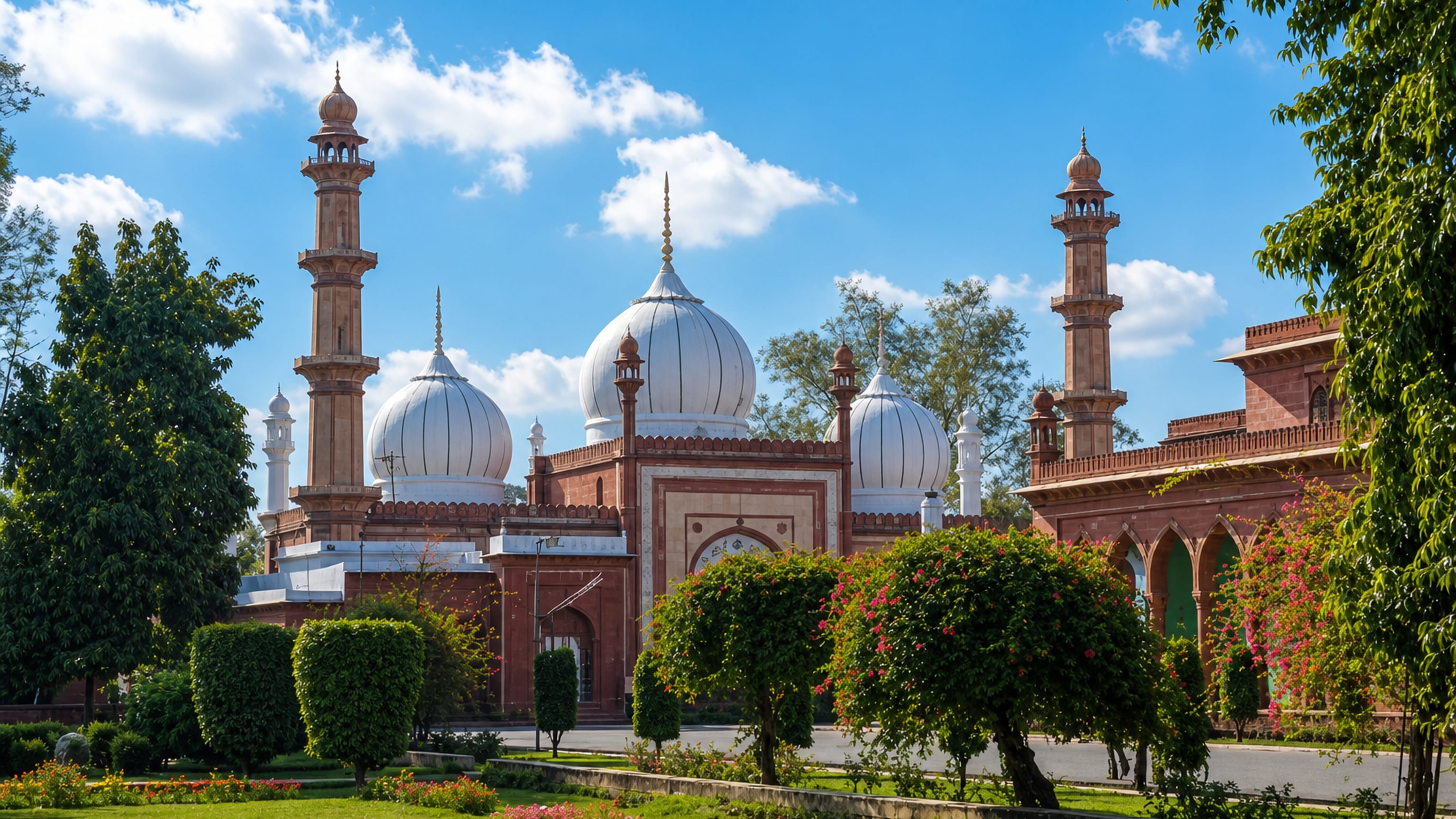 White domes and red sandstone minarets of the Aligarh Muslim University mosque above gardens in Aligarh, India.