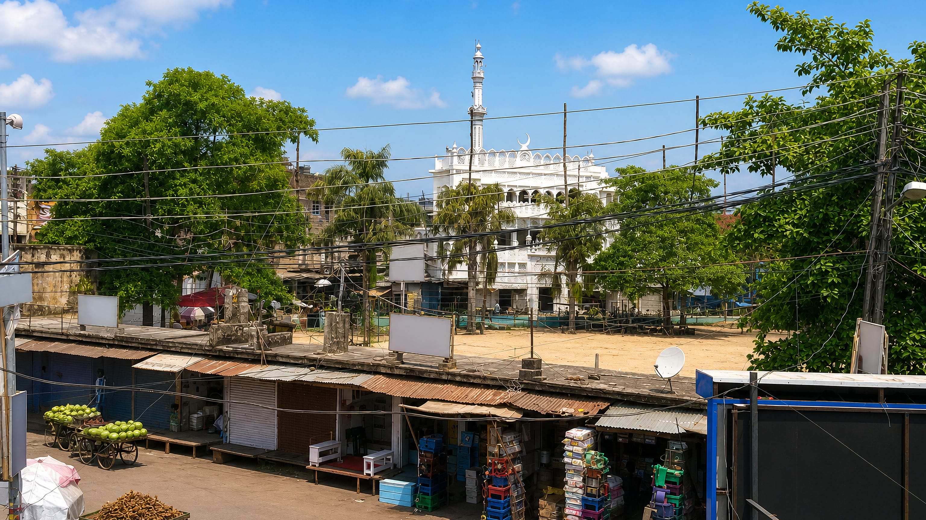 Market stalls and overhead wires below a white domed mosque in central Bahraigh, India.