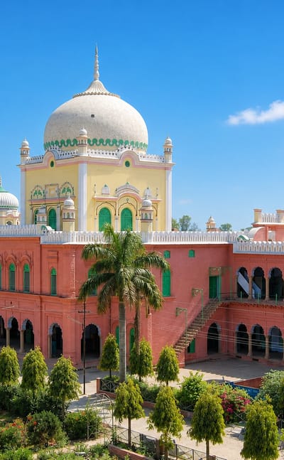 The pink-and-white domed Darul Uloom seminary mosque rising above gardens in Deoband, India.