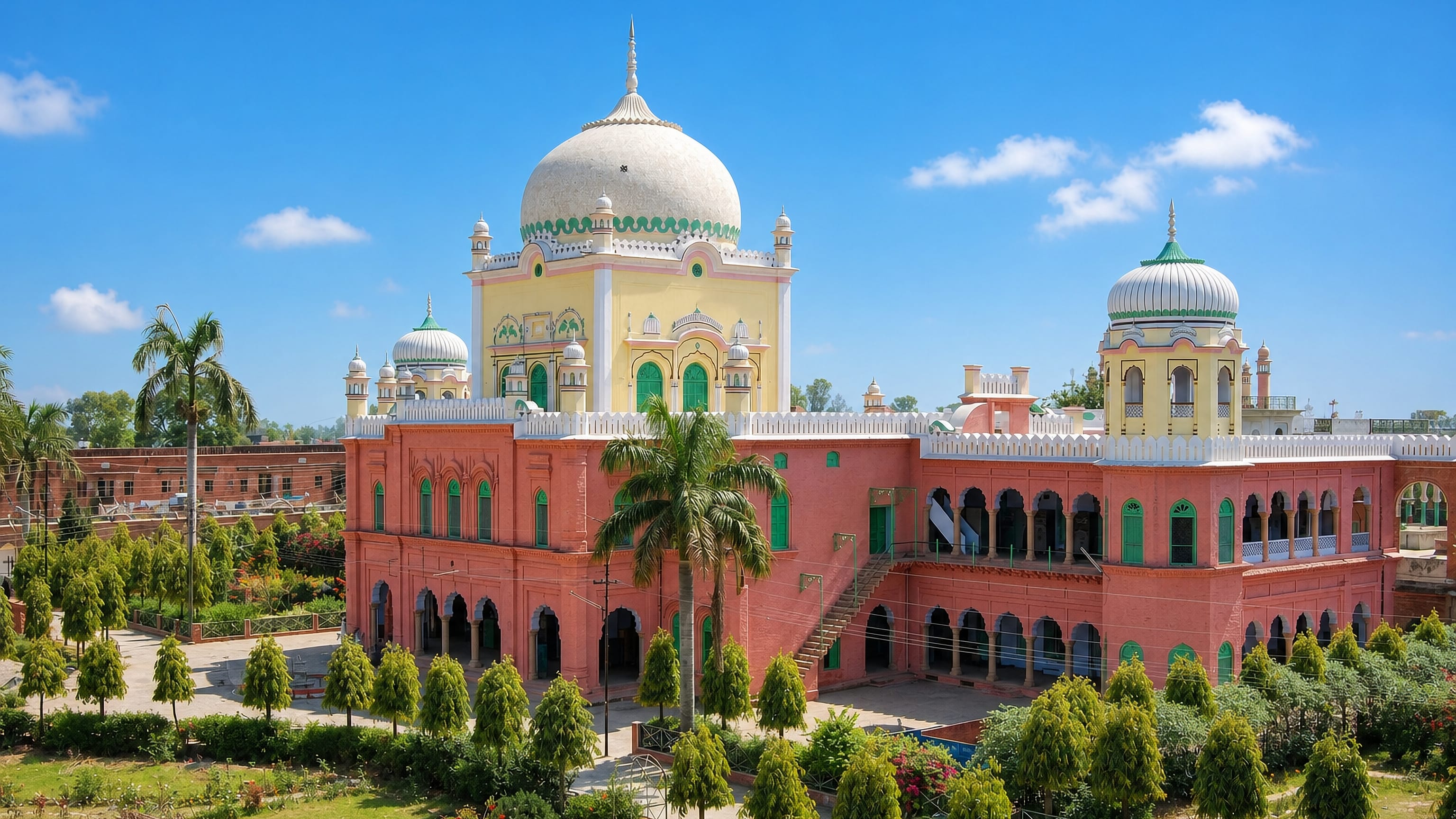 The pink-and-white domed Darul Uloom seminary mosque rising above gardens in Deoband, India.