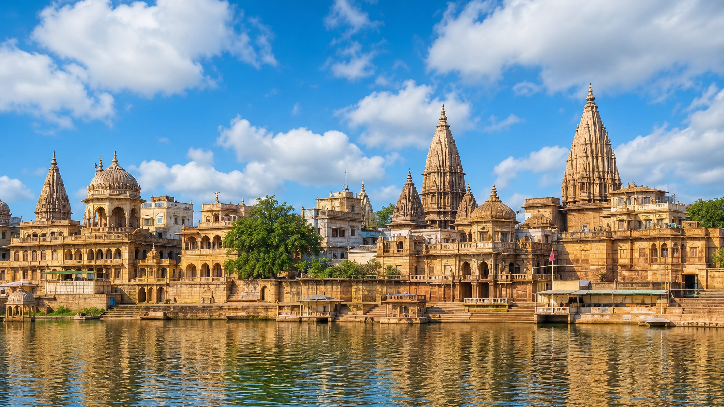 Sandstone temple spires and ghats rising above a river in Etawah, Uttar Pradesh.