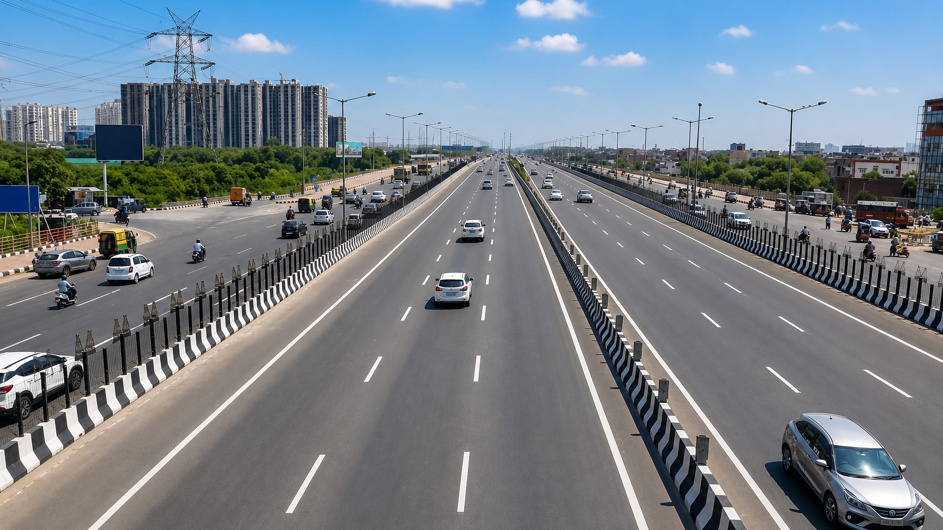 Wide multi-lane highway through Ghaziabad, Uttar Pradesh, with high-rise apartment towers on the horizon