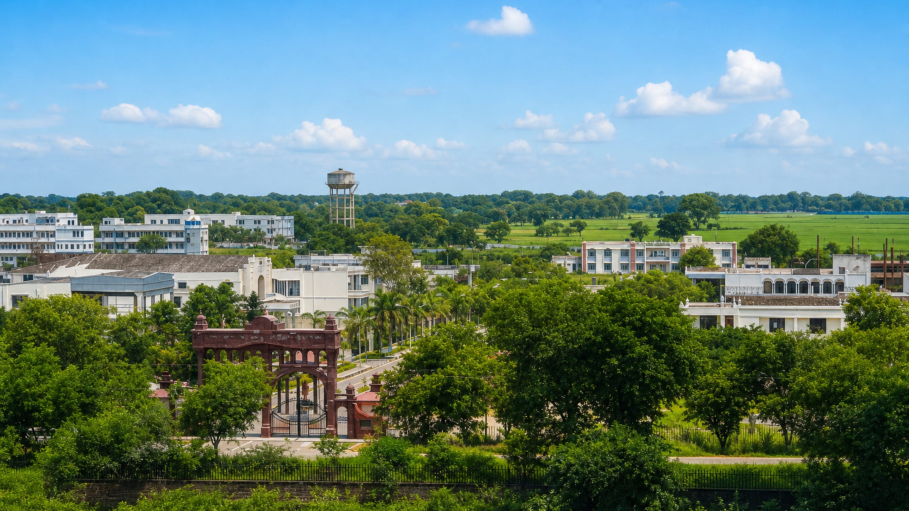 Jaunpur, Uttar Pradesh, seen over treetops with a red sandstone gateway, white buildings and green fields beyond.