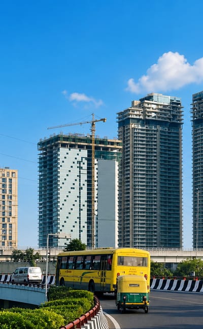 Modern high-rise towers rising beside a highway in Noida, India, with a bus and auto-rickshaw