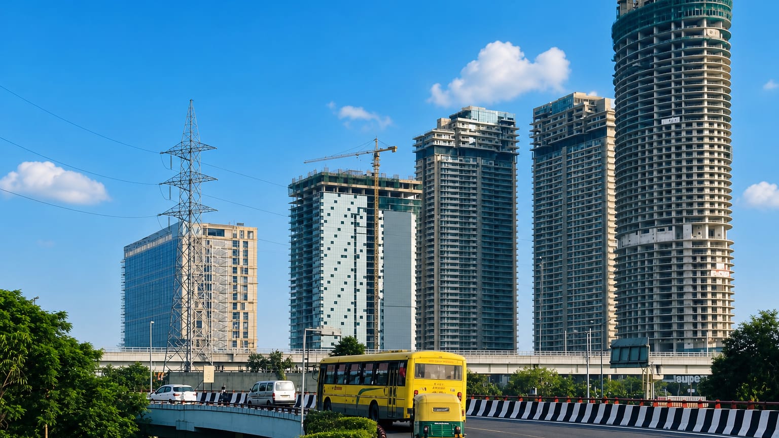 Modern high-rise towers rising beside a highway in Noida, India, with a bus and auto-rickshaw