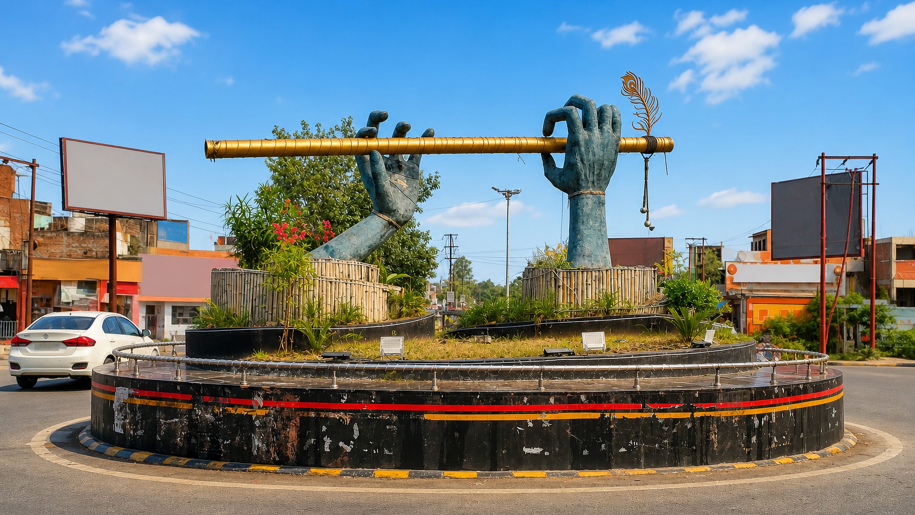 Giant bronze hands playing a golden flute on a roundabout in Pīlibhīt, India's flute-making town