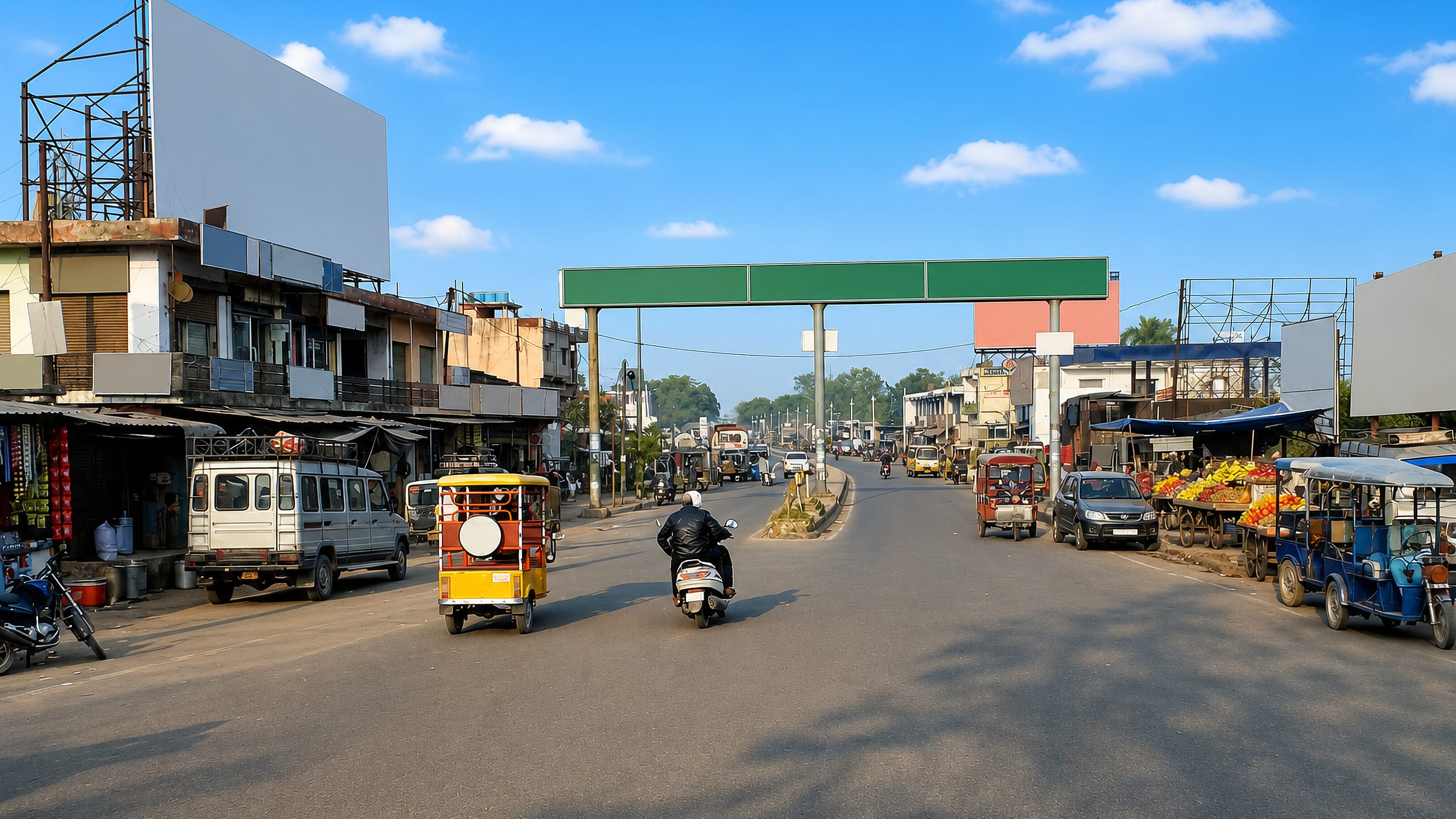 Autorickshaws and roadside stalls along a main road through Rampur, Uttar Pradesh.