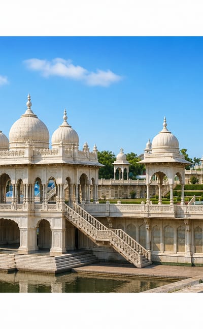 White marble domed temple complex with a reflecting pool in Vrindavan, India
