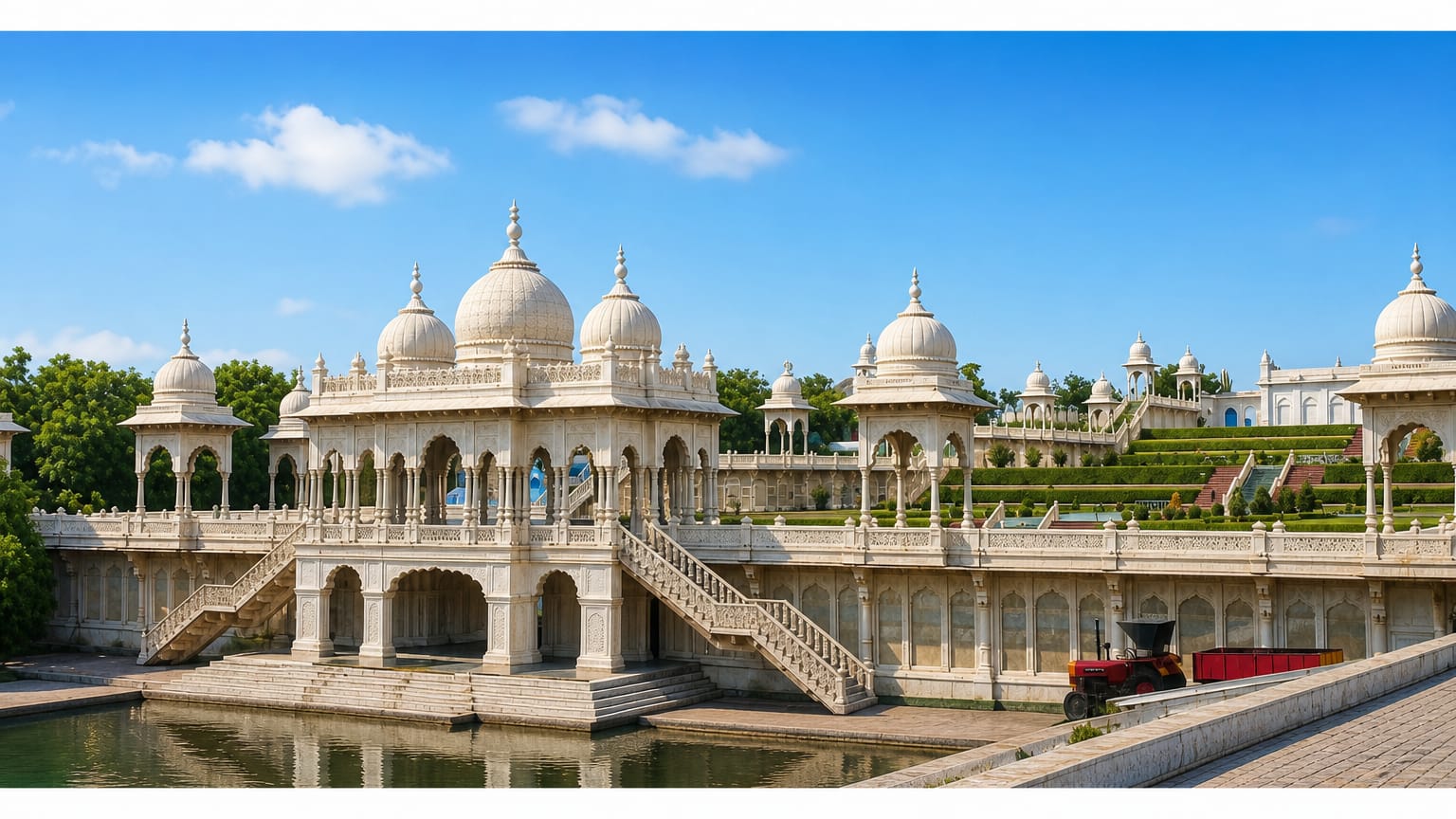 White marble domed temple complex with a reflecting pool in Vrindavan, India