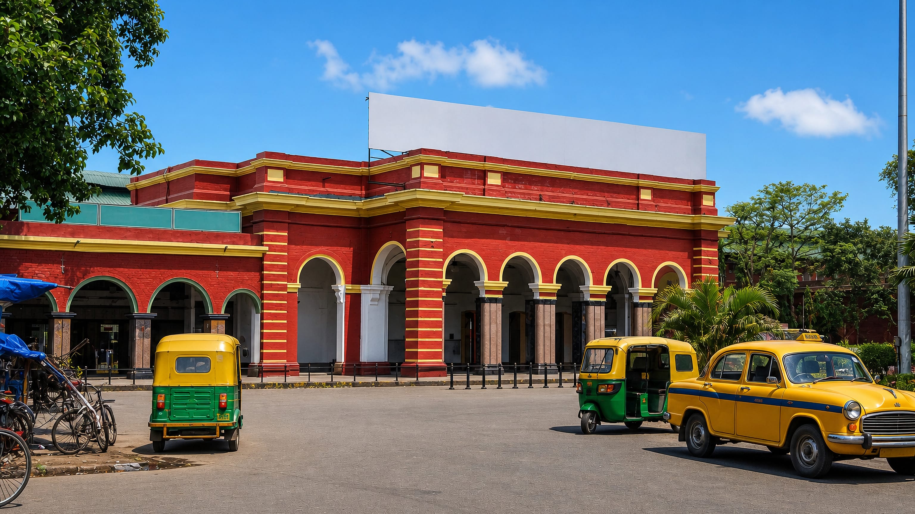 Red-and-yellow colonial station building at Barakpur, India, with a yellow Ambassador taxi and autos.