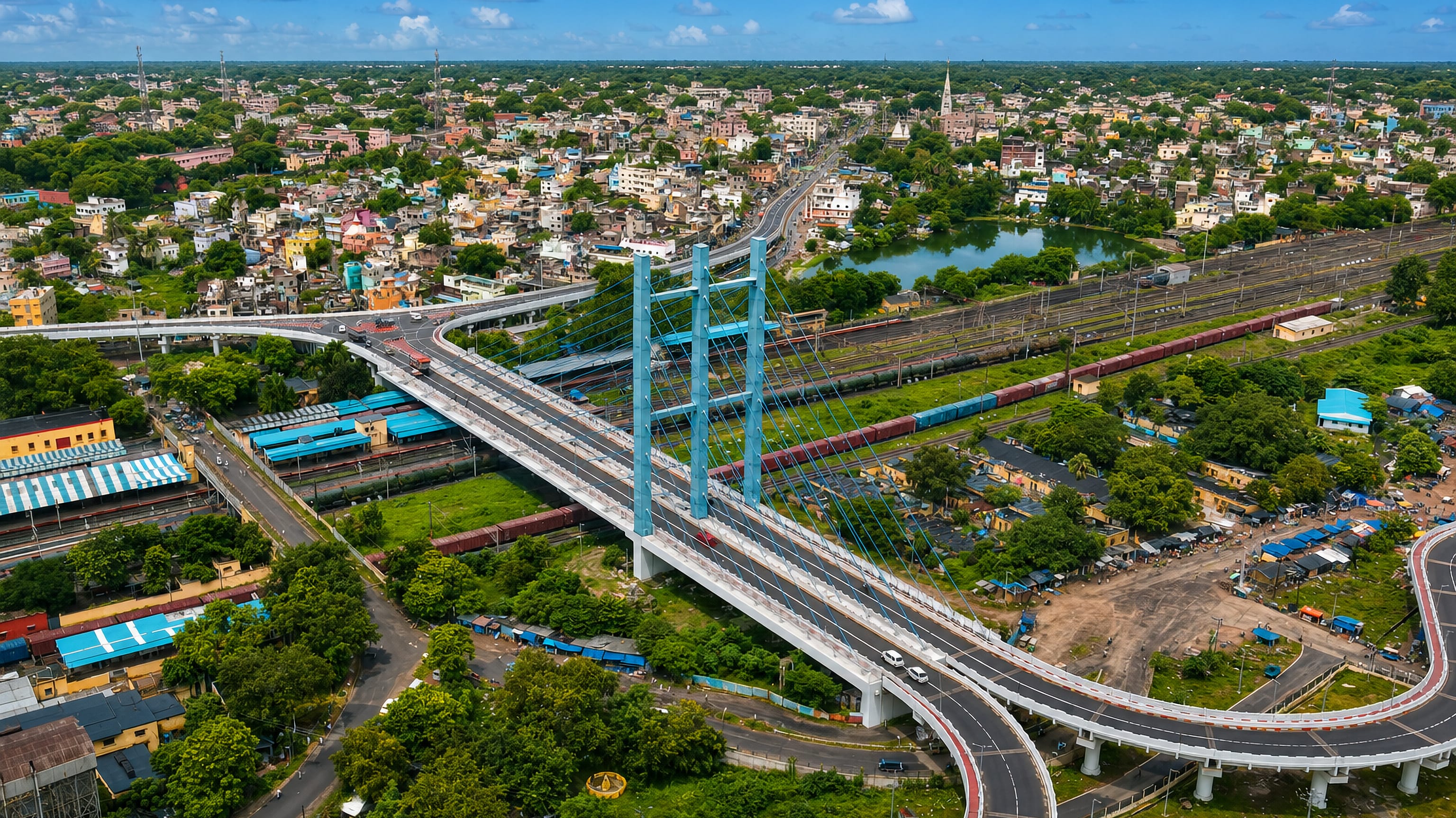 Cable-stayed bridge over the railway yards and dense rooftops of Barddhaman, West Bengal.