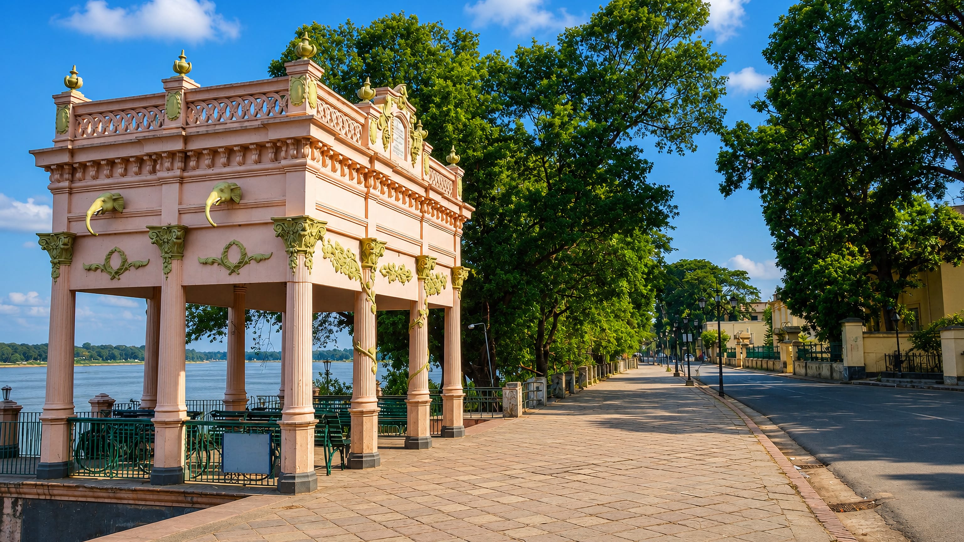Pink colonial pavilion on the Strand promenade beside the Hooghly river in Chandannagar, West Bengal.