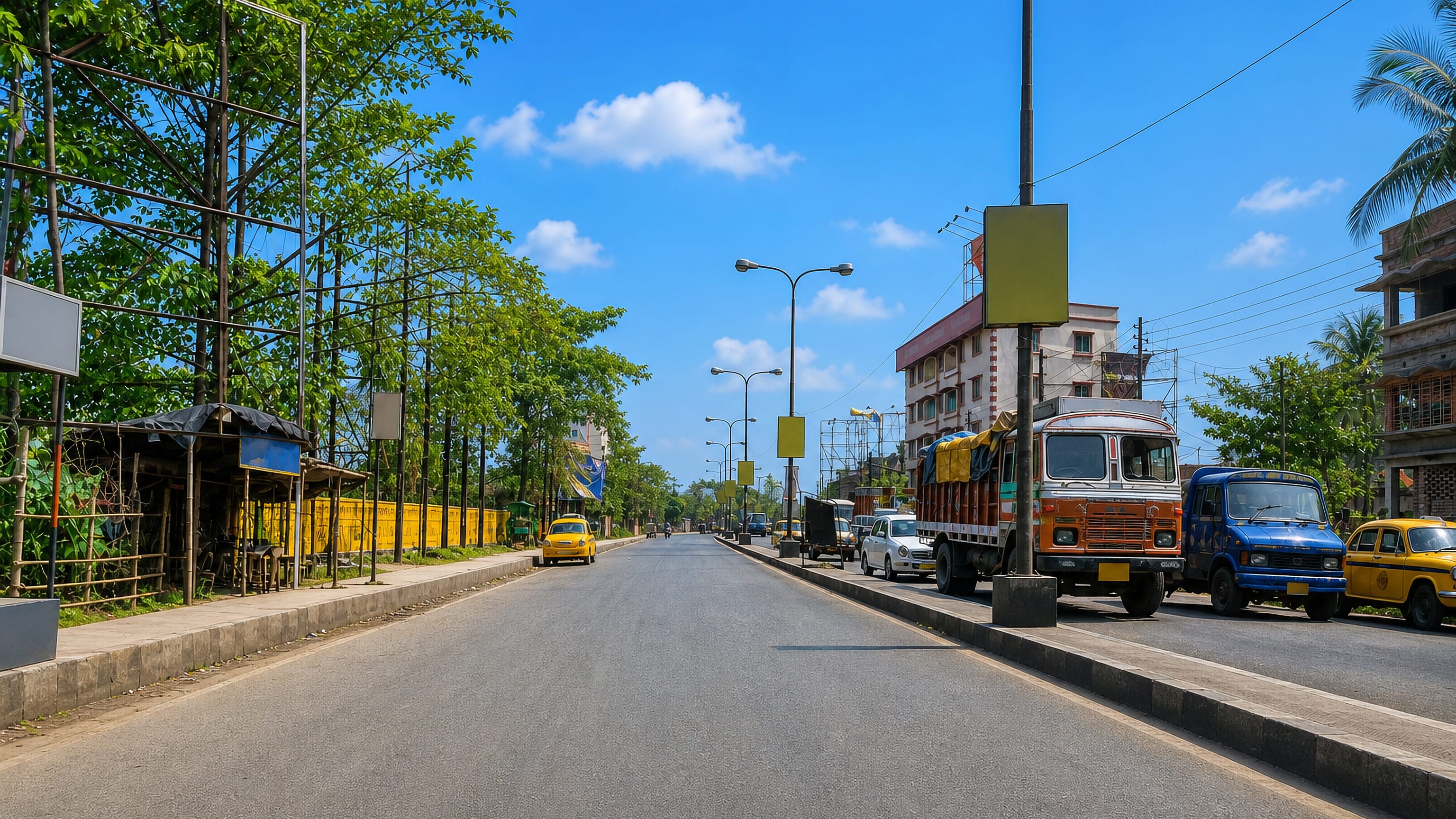 Yellow Ambassador taxis and trucks line a wide sunlit road through Dam Dam near Kolkata, India.