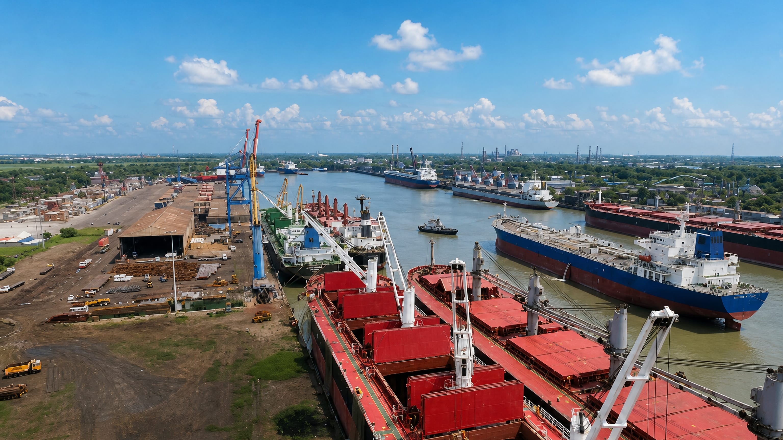 Bulk carriers and dockside cranes at the Haldia port complex on the Hooghly estuary, West Bengal