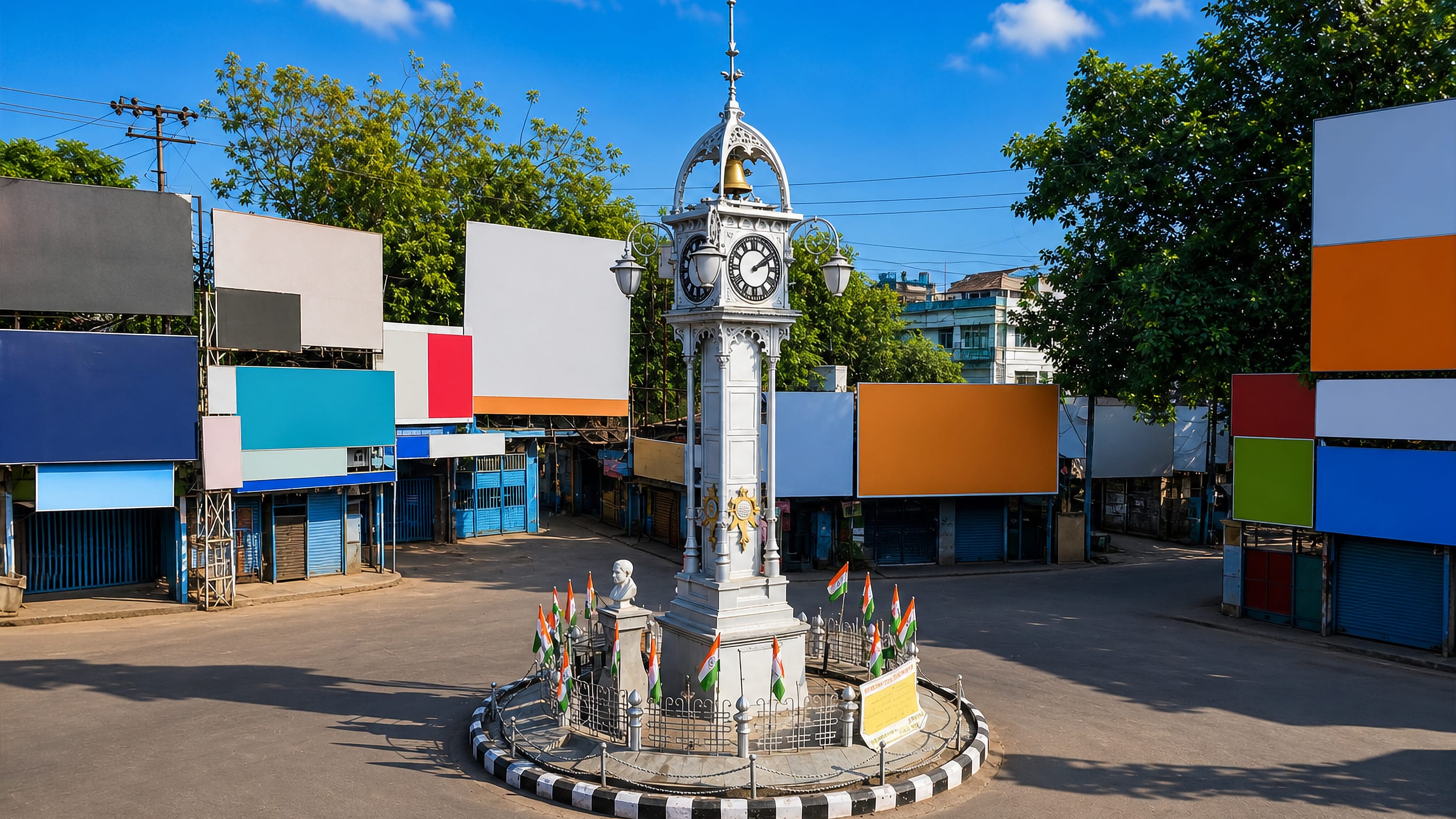 Victorian cast-iron clock tower on a roundabout lined with hoardings and shuttered shops in Hugli, West Bengal.