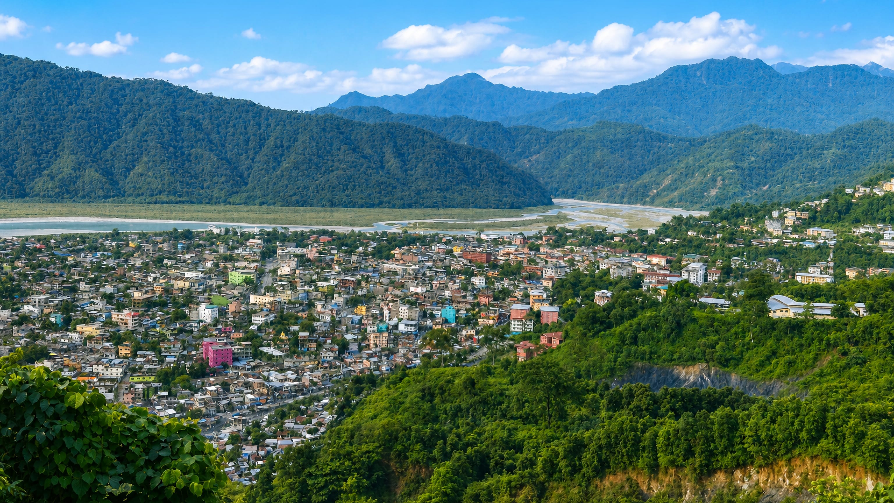 Jaigaon's colourful low-rise streets in the Torsa valley below the forested Himalayan foothills of West Bengal.