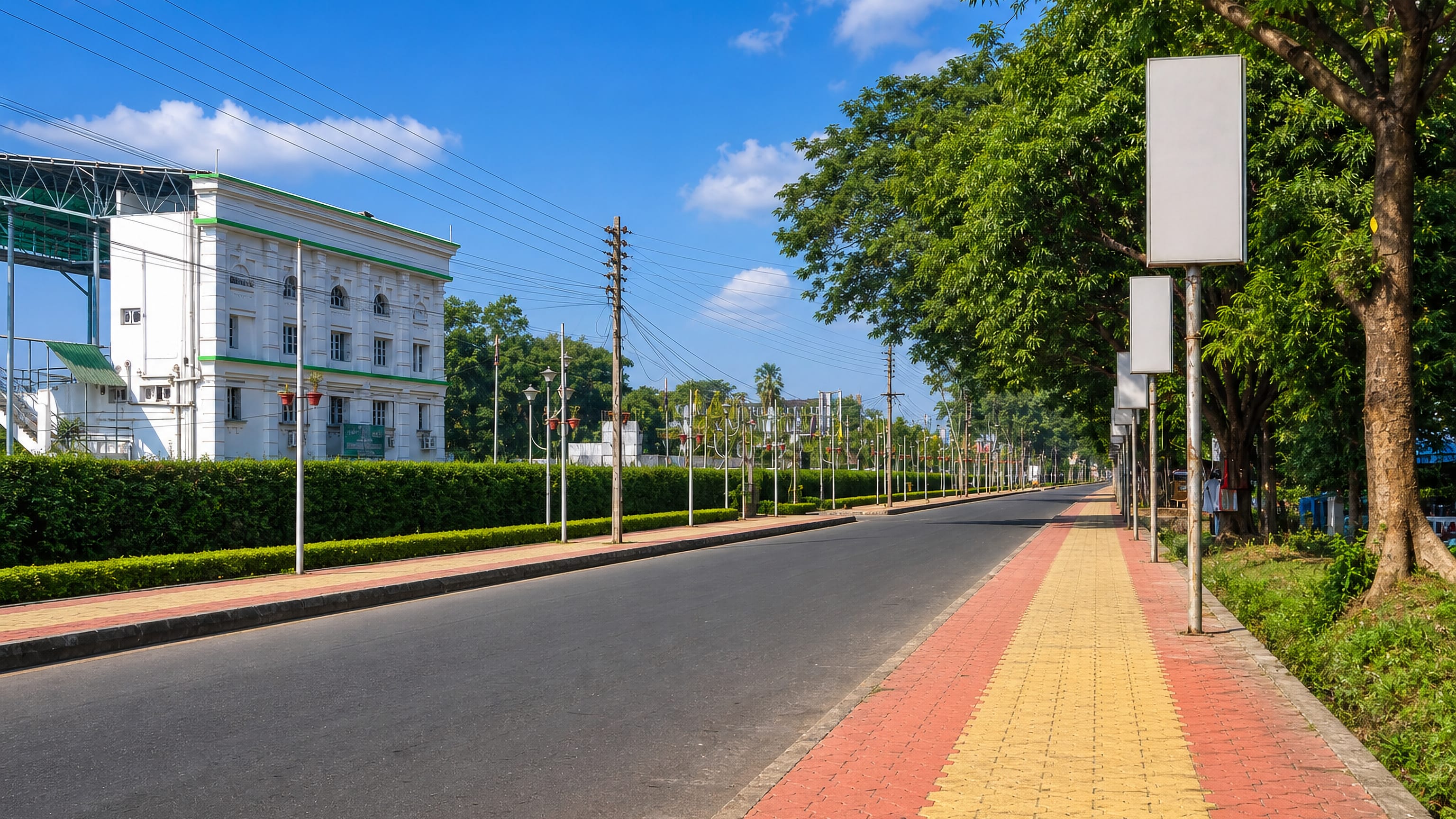 Wide tree-lined avenue past a white colonial-style building in Kalyani, West Bengal